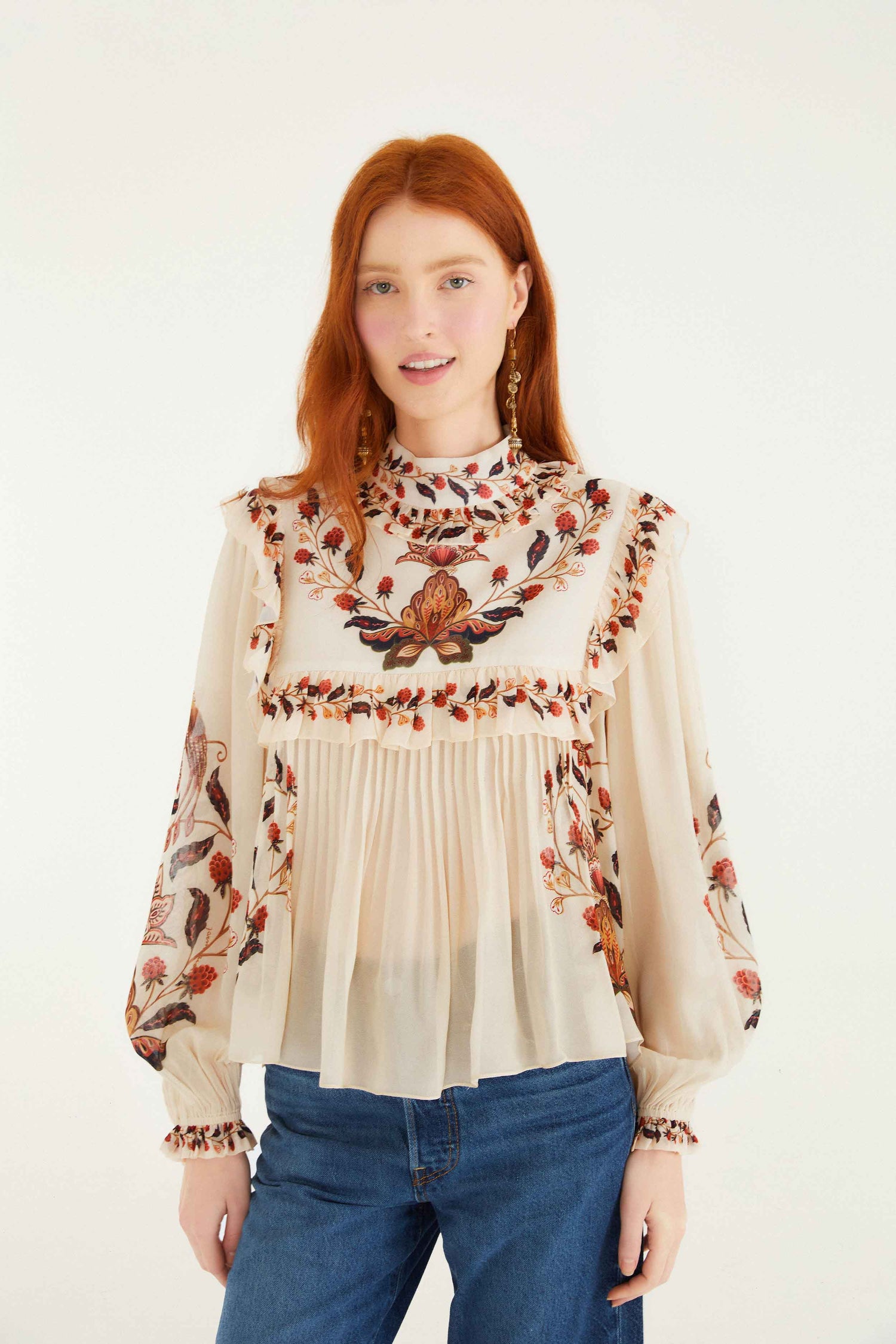 FARM Rio model wearing the Cream Berry Garden Long Sleeve Blouse