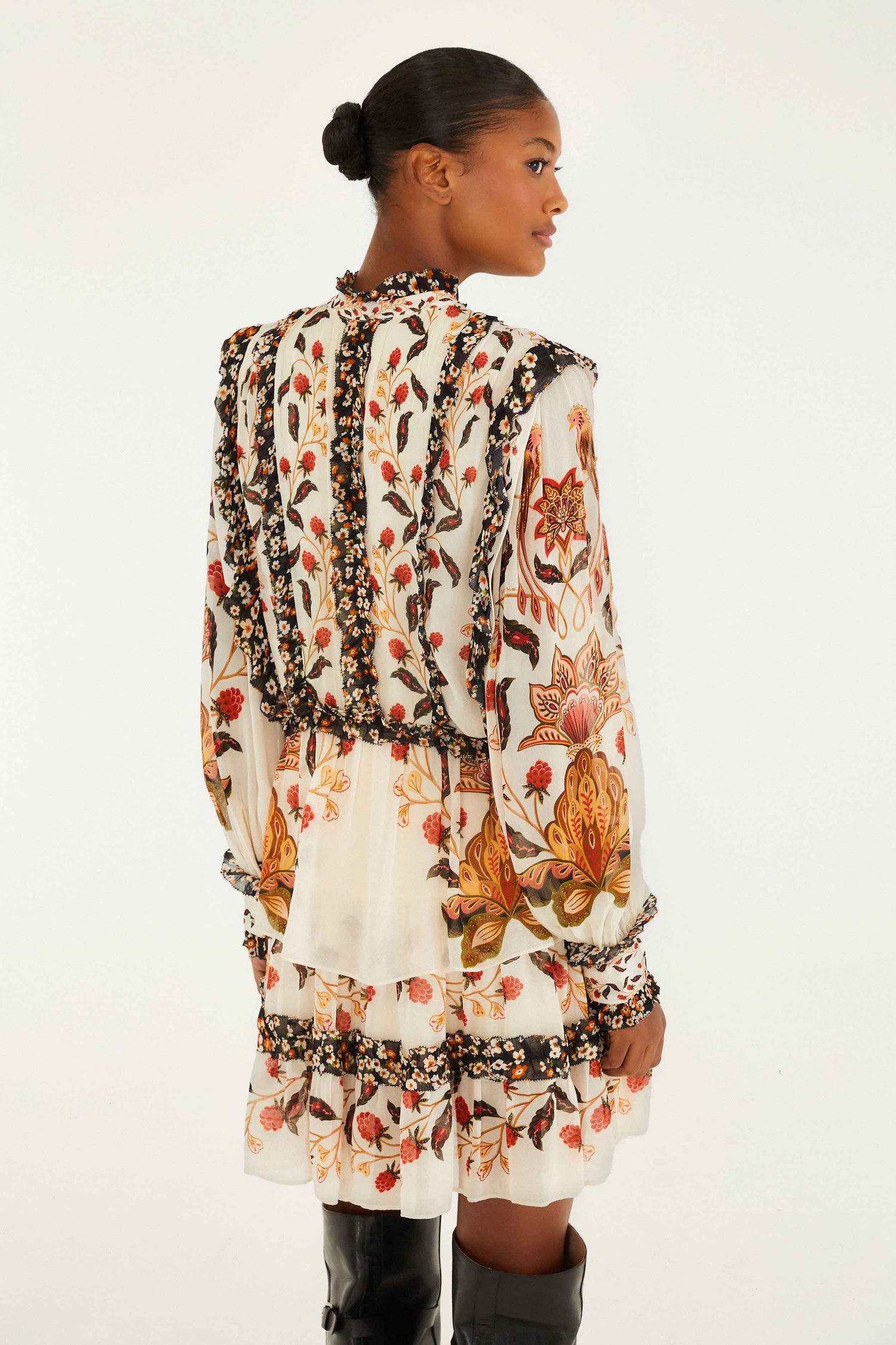 FARM Rio model wearing the Cream Berry Garden Mini Dress