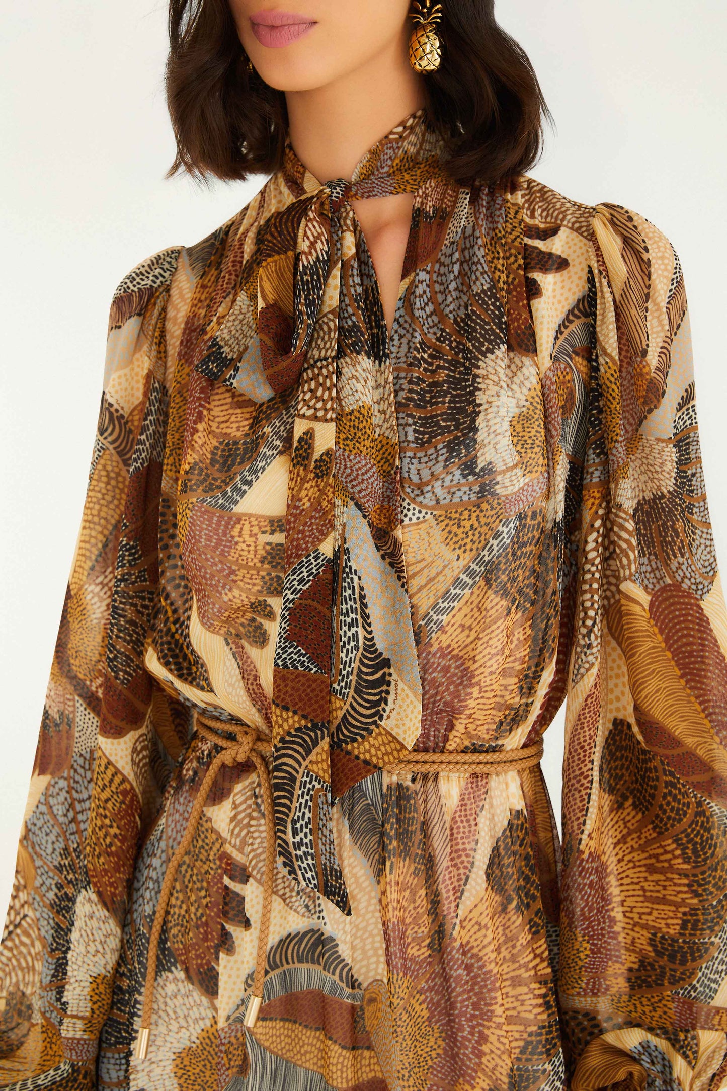 FARM Rio model wearing the Cream Dotted Macaws Long Sleeve Maxi Dress