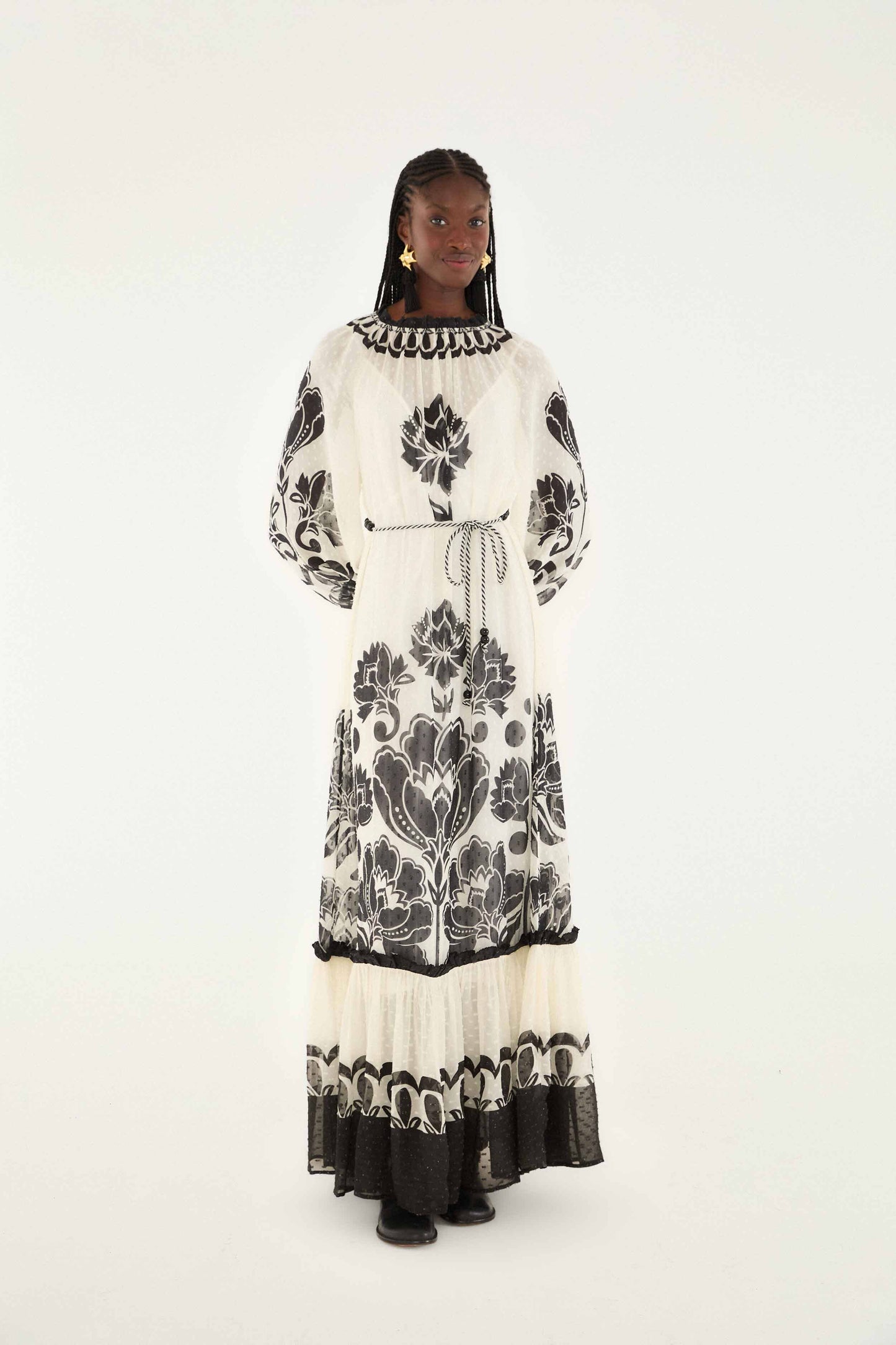 Farm Rio Viscose Dress with Floral Arabesque Motif - White Farm Rio Viscose Dress with Floral Arabesque Motif - White
