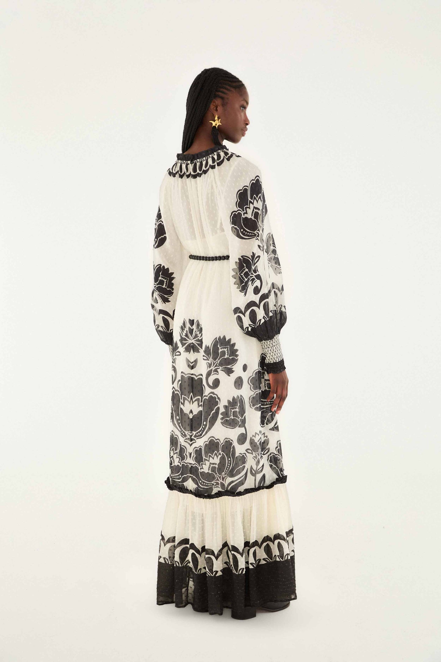 FARM Rio model wearing the Cream Floral Arabesque Rope Belt Maxi Dress