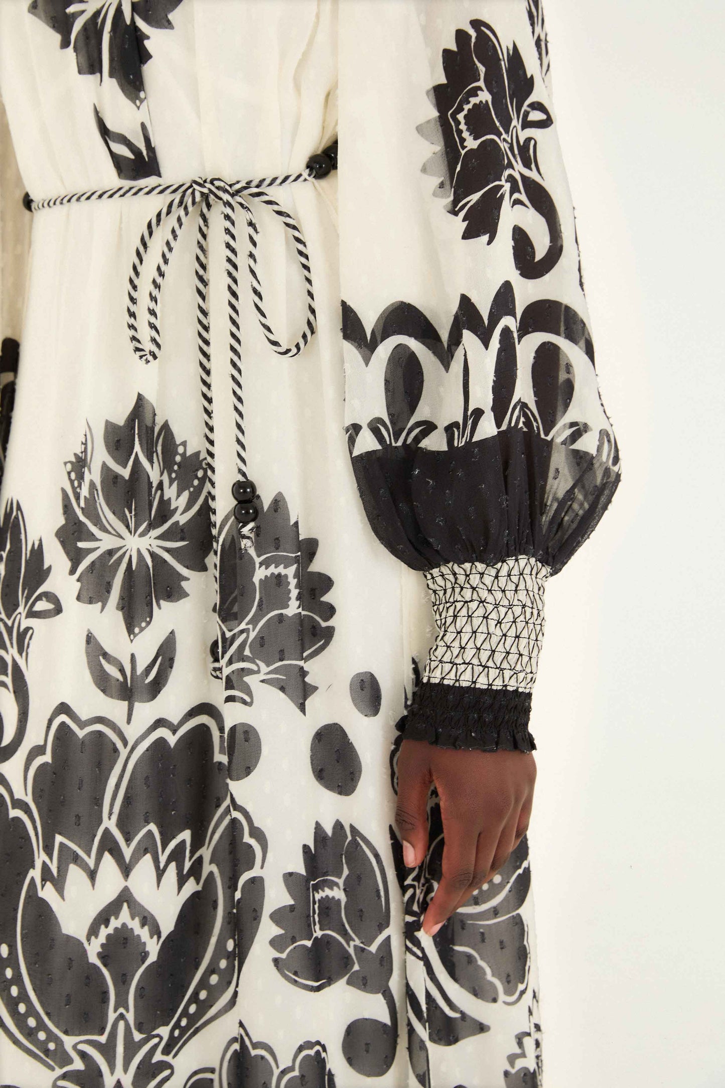 FARM Rio model wearing the Cream Floral Arabesque Rope Belt Maxi Dress