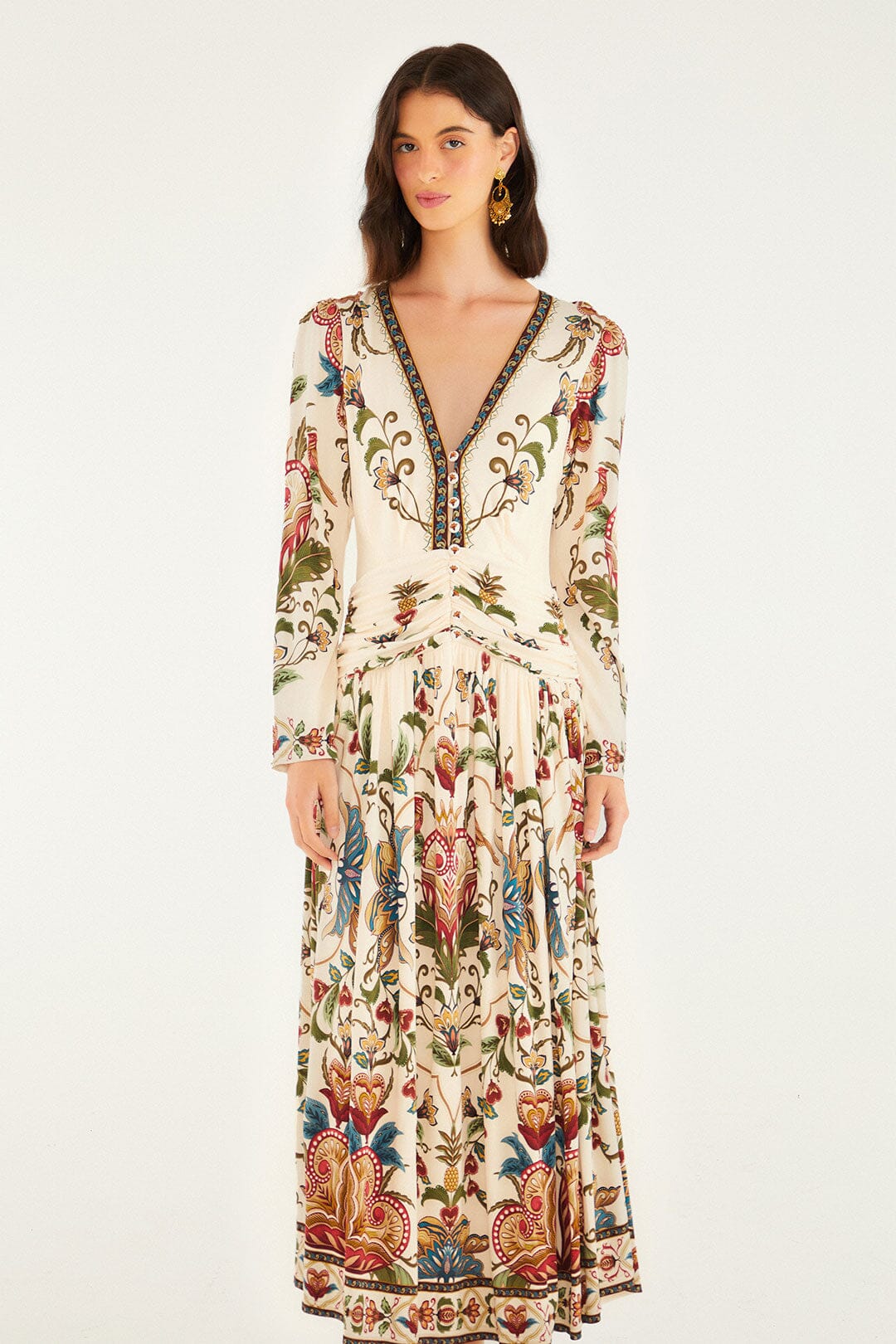 Cream Majestic Hearts Long Sleeve Midi Dress