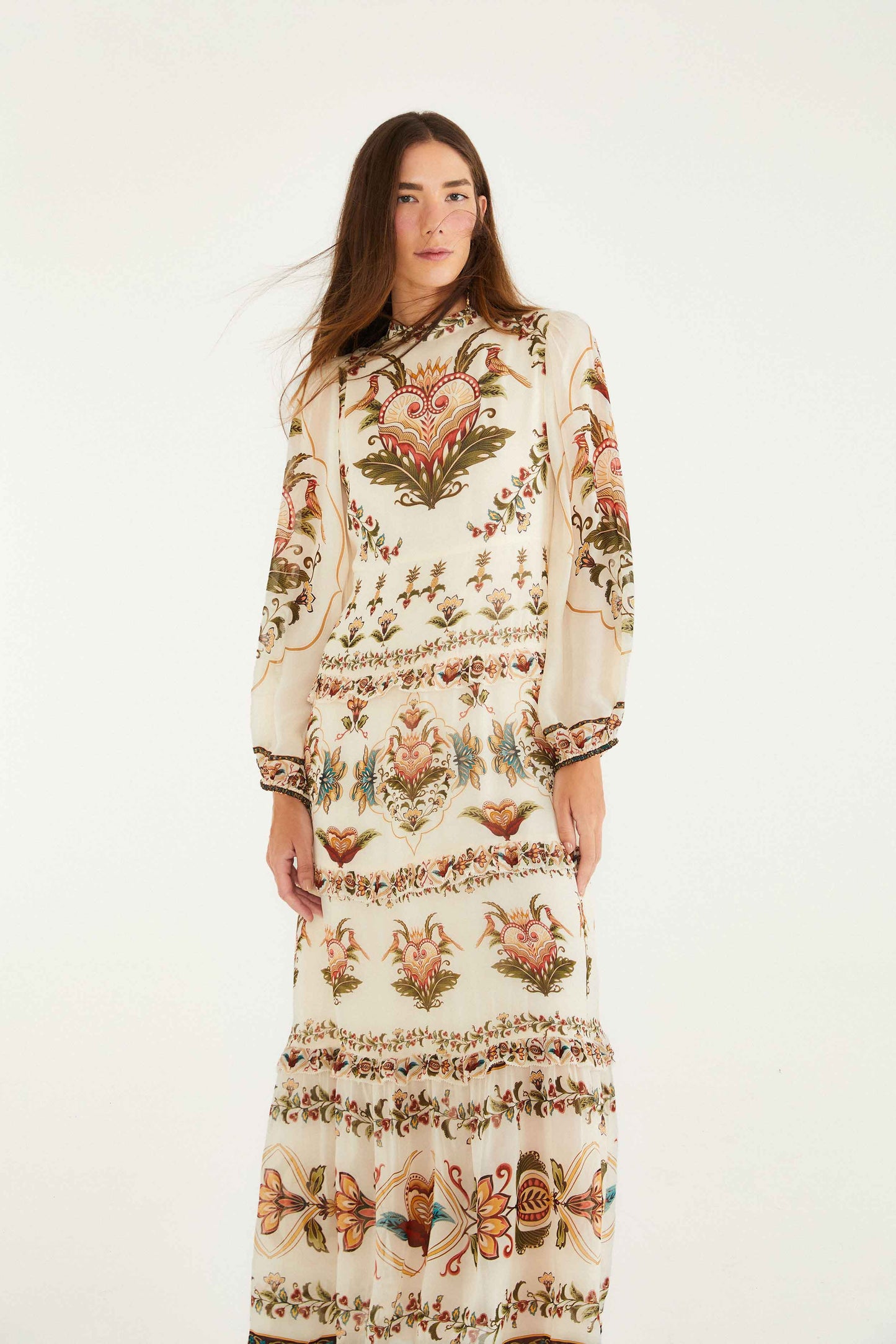 FARM Rio model wearing the Cream Majestic Hearts Maxi Dress