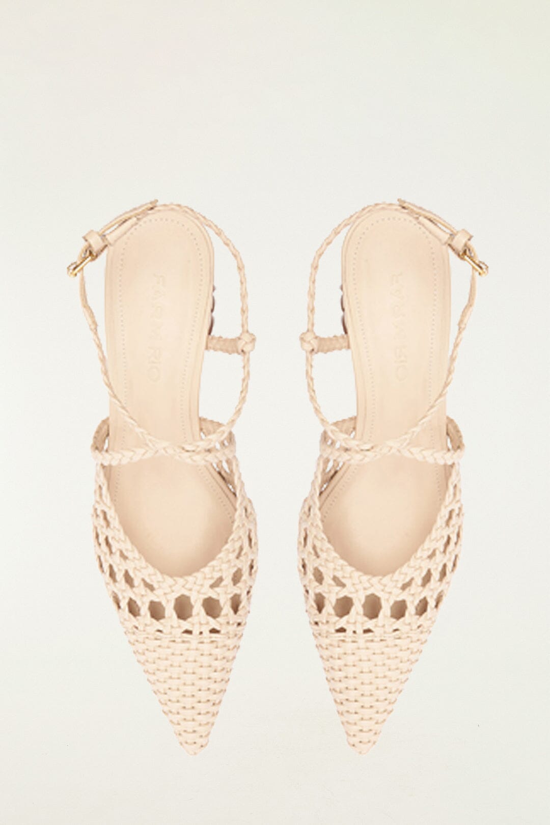 FARM Rio model wearing the Cream Woven Wedge Heeled Sandal