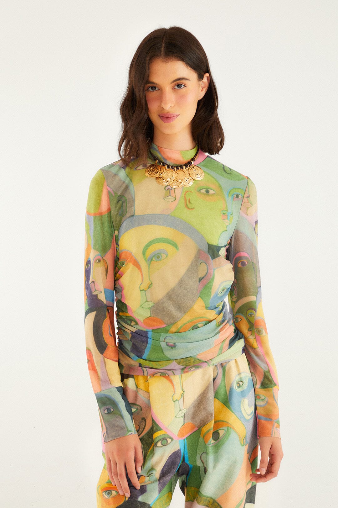 FARM Rio model wearing the Crowded Series Drawing Long Sleeve Tulle Blouse