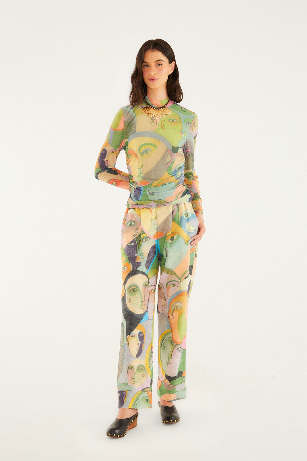 FARM Rio model wearing the Crowded Series Drawing Long Sleeve Tulle Blouse