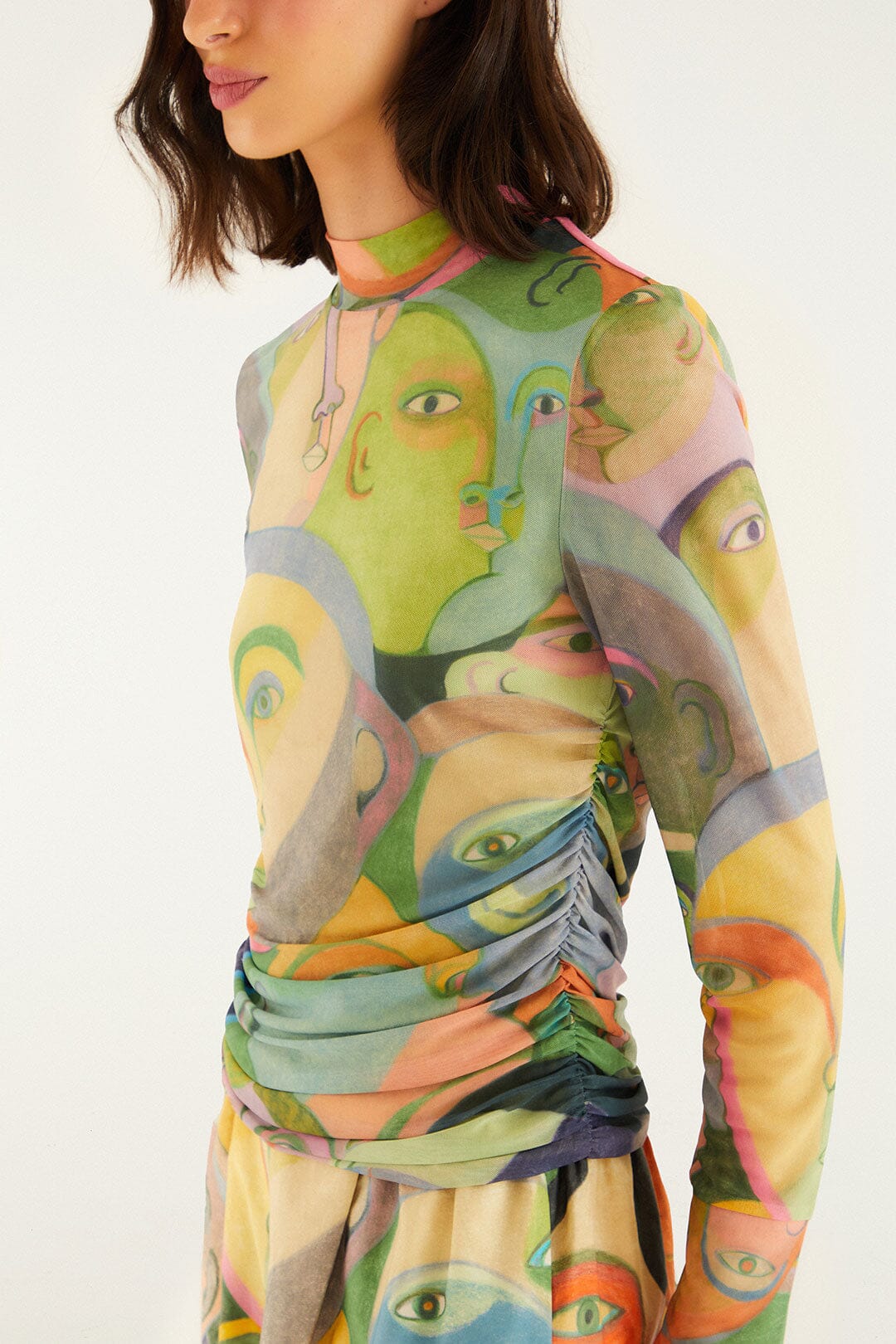 FARM Rio model wearing the Crowded Series Drawing Long Sleeve Tulle Blouse