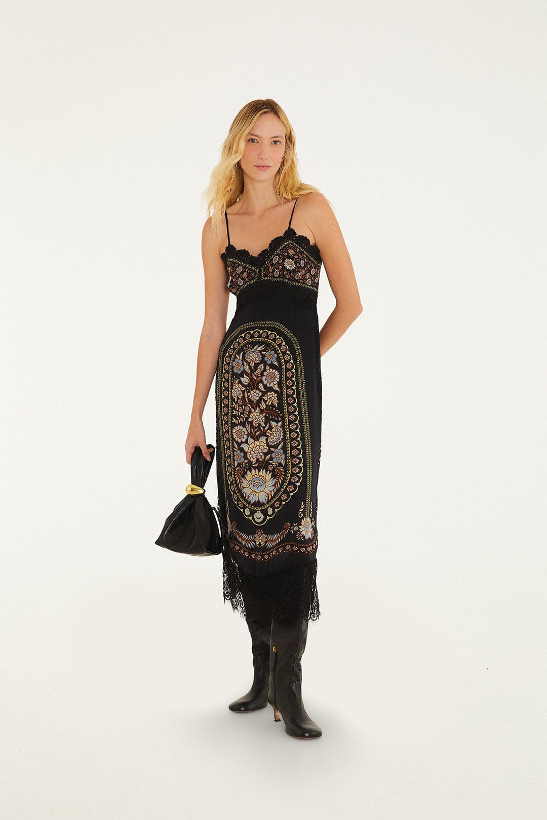 FARM Rio model wearing the Daniela Black Midi Dress