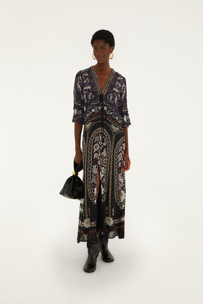 black & bronze metallic fringe francie short sleeve maxi dress Daniela Ruffled short puff sleeves