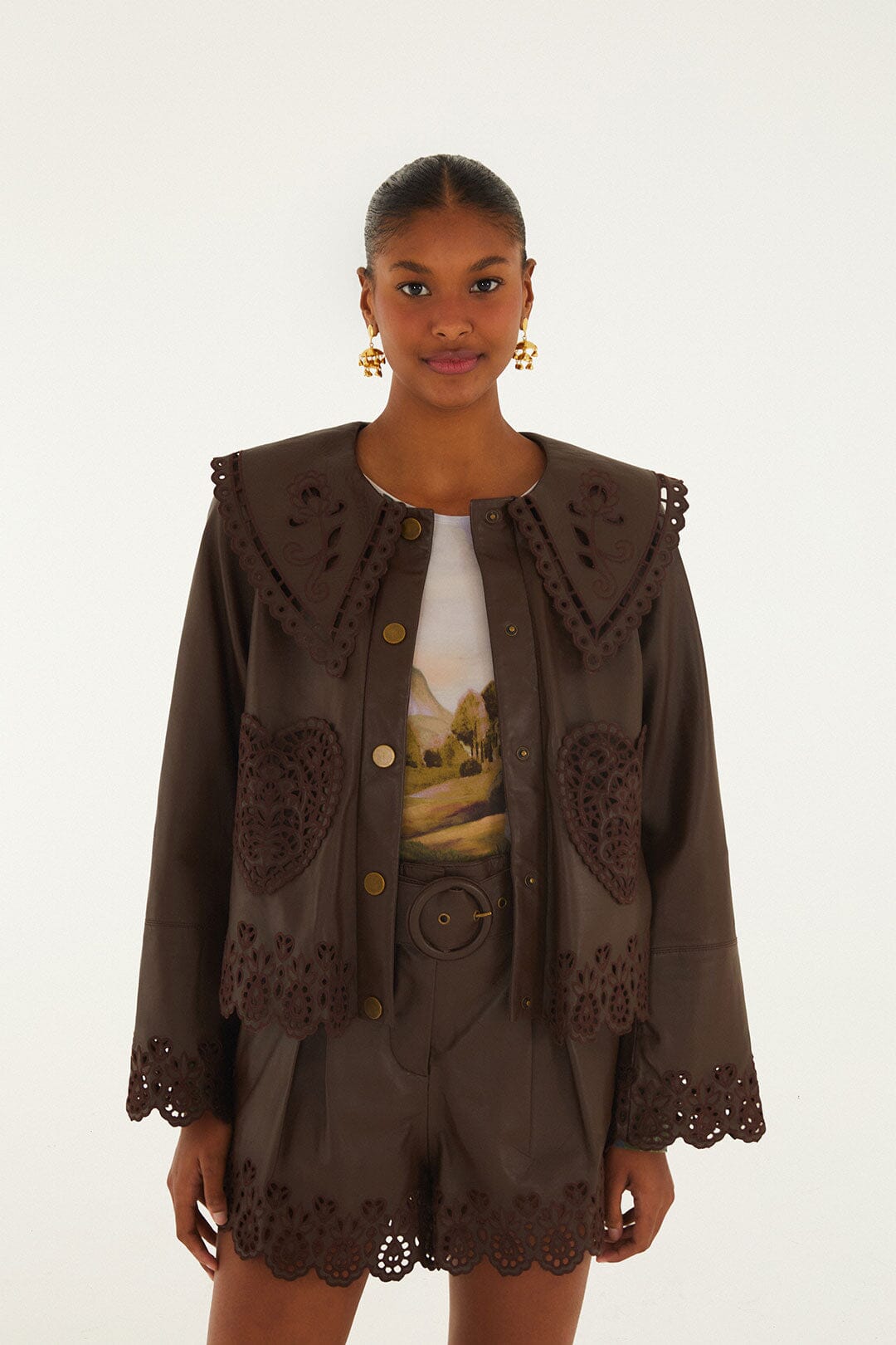 FARM Rio model wearing the Dark Brown Hearts Richelieu Leather Jacket