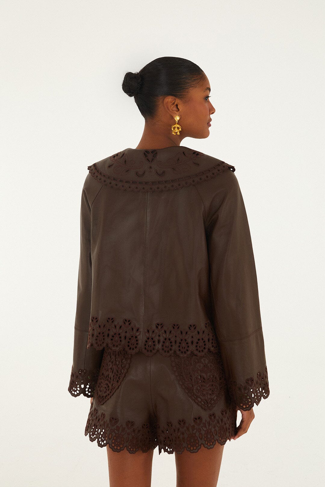 FARM Rio model wearing the Dark Brown Hearts Richelieu Leather Jacket