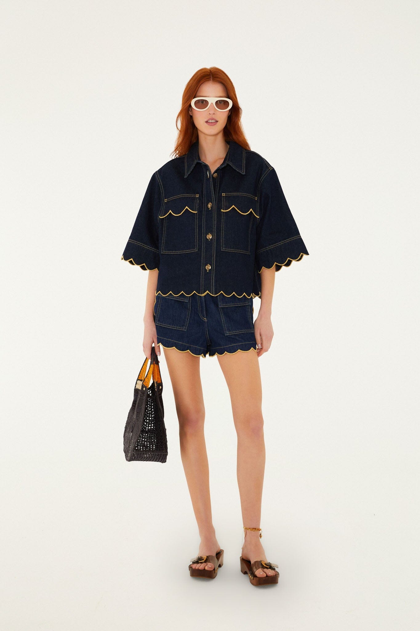 Dark Denim Wavy Hem Short Sleeve Shirt | FARM Rio