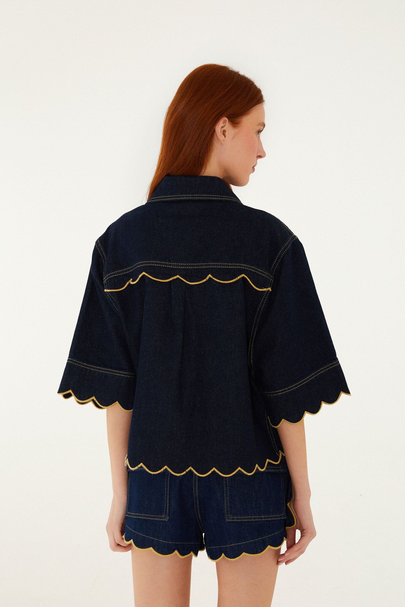 Dark Denim Wavy Hem Short Sleeve Shirt | FARM Rio