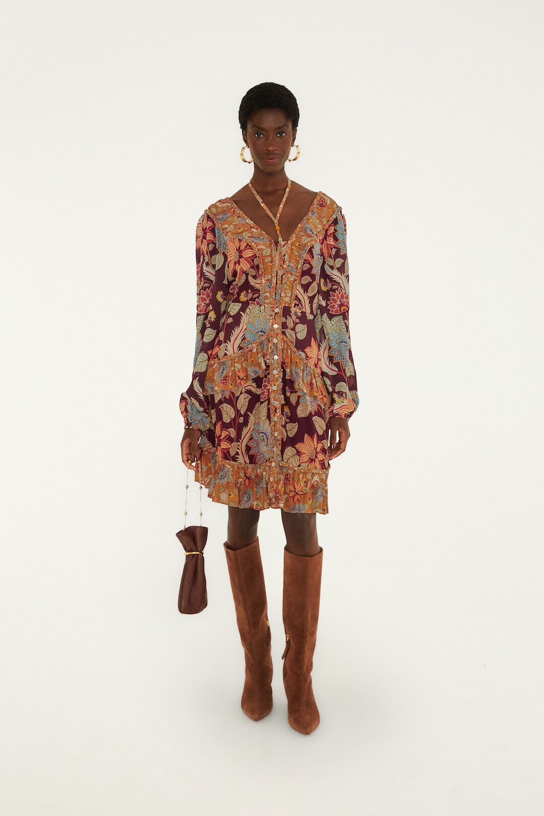FARM Rio model wearing the Delhi Floral Mixed Mini Dress
