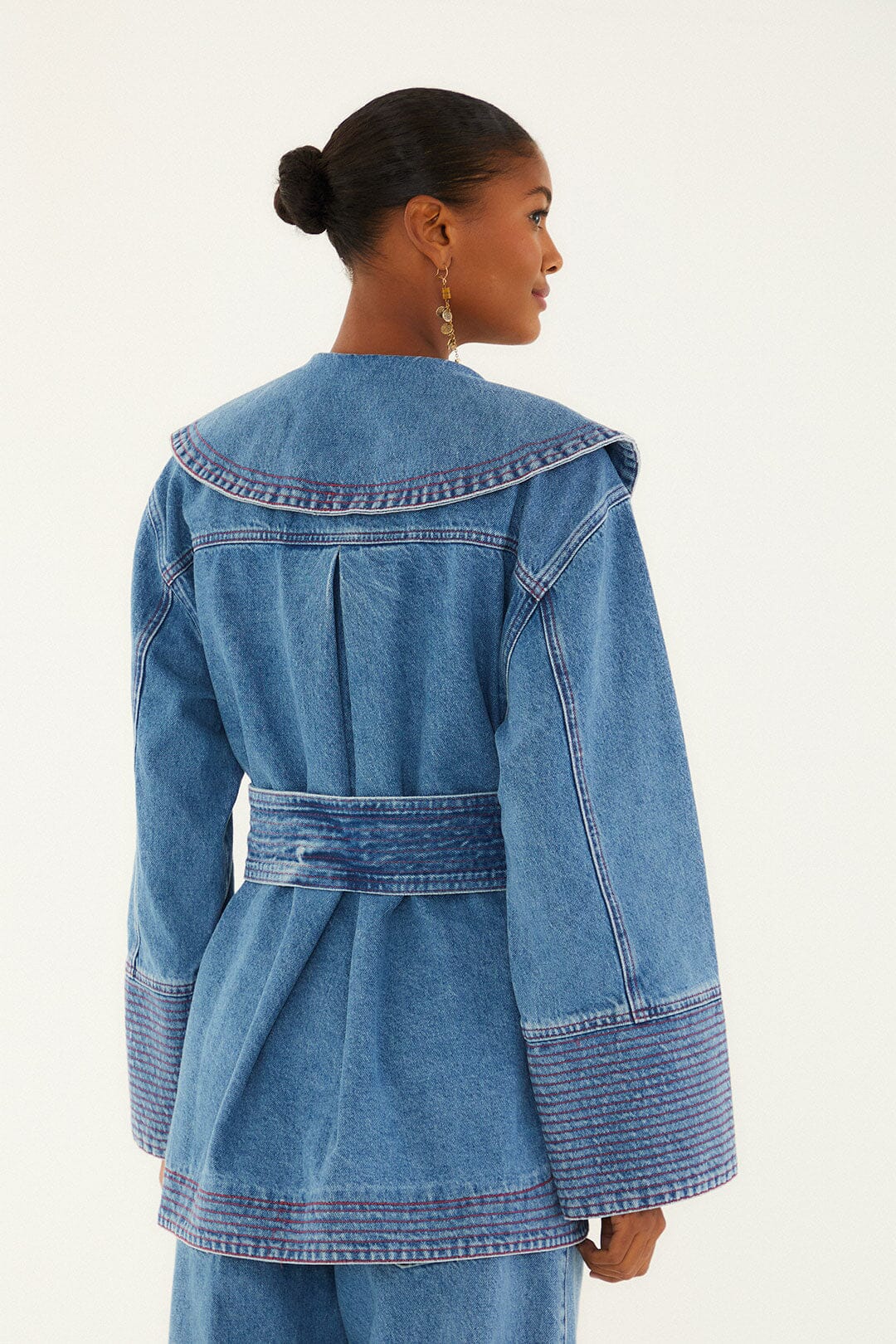 FARM Rio model wearing the Denim Collared Belted Trench Coat