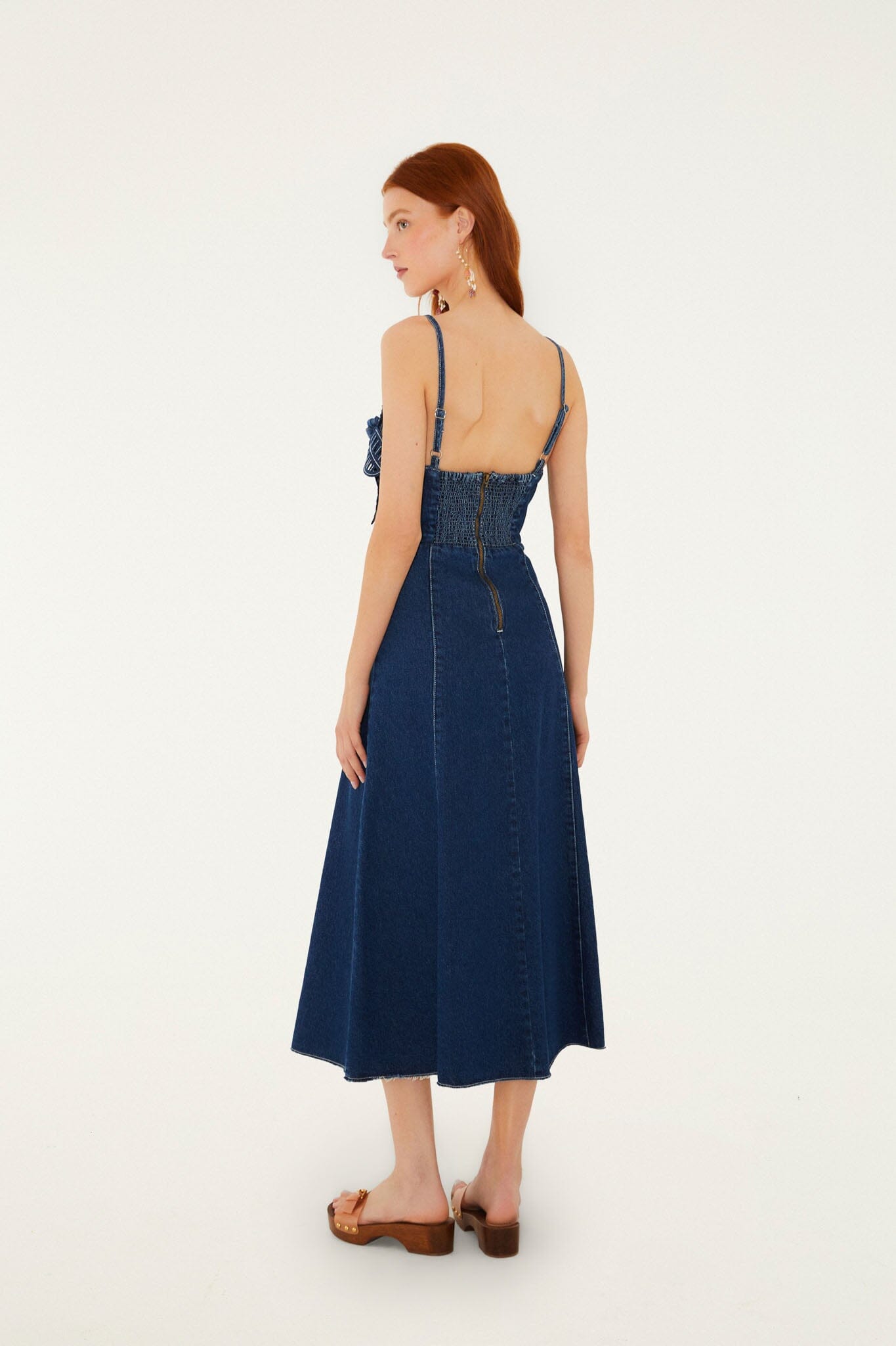 FARM Rio model wearing the Denim Flower Dress