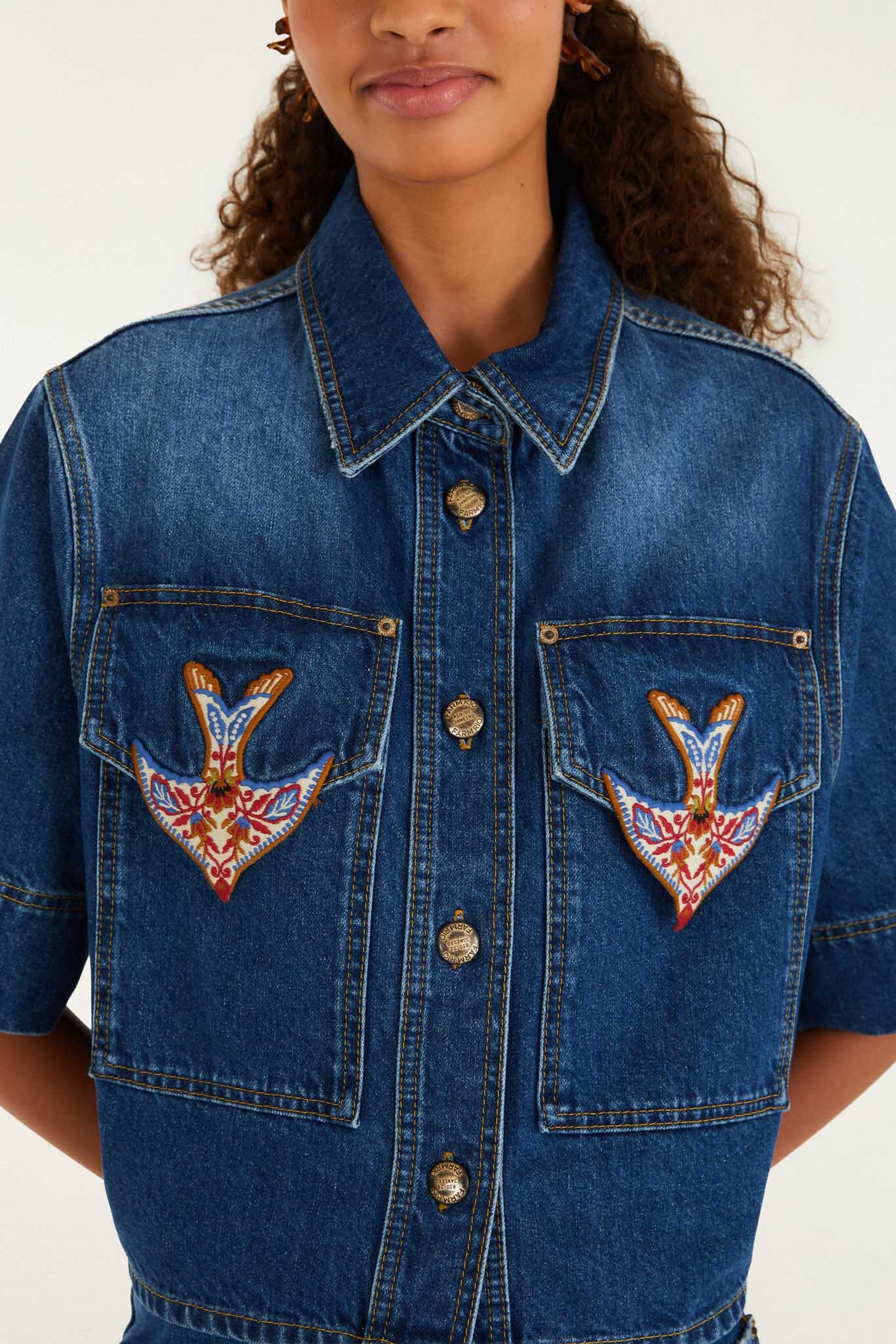 FARM Rio model wearing the Denim Porcelain Birds Embroidered Shirt