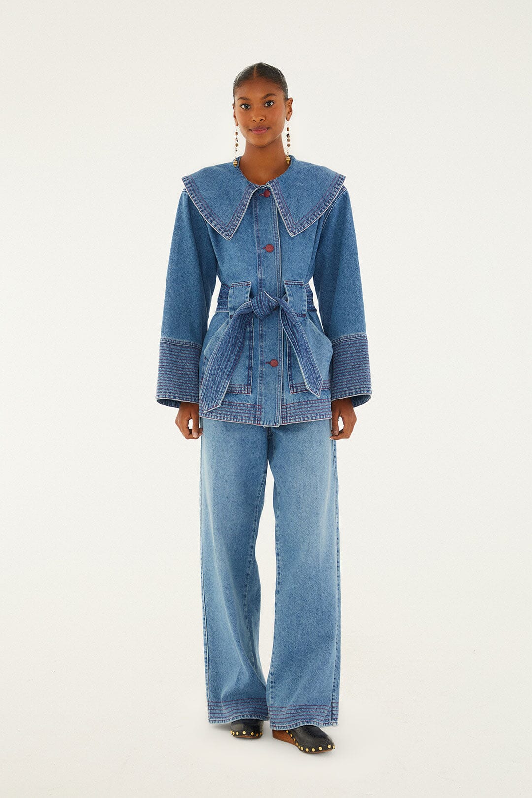 FARM Rio model wearing the Denim Wide-Leg Pants