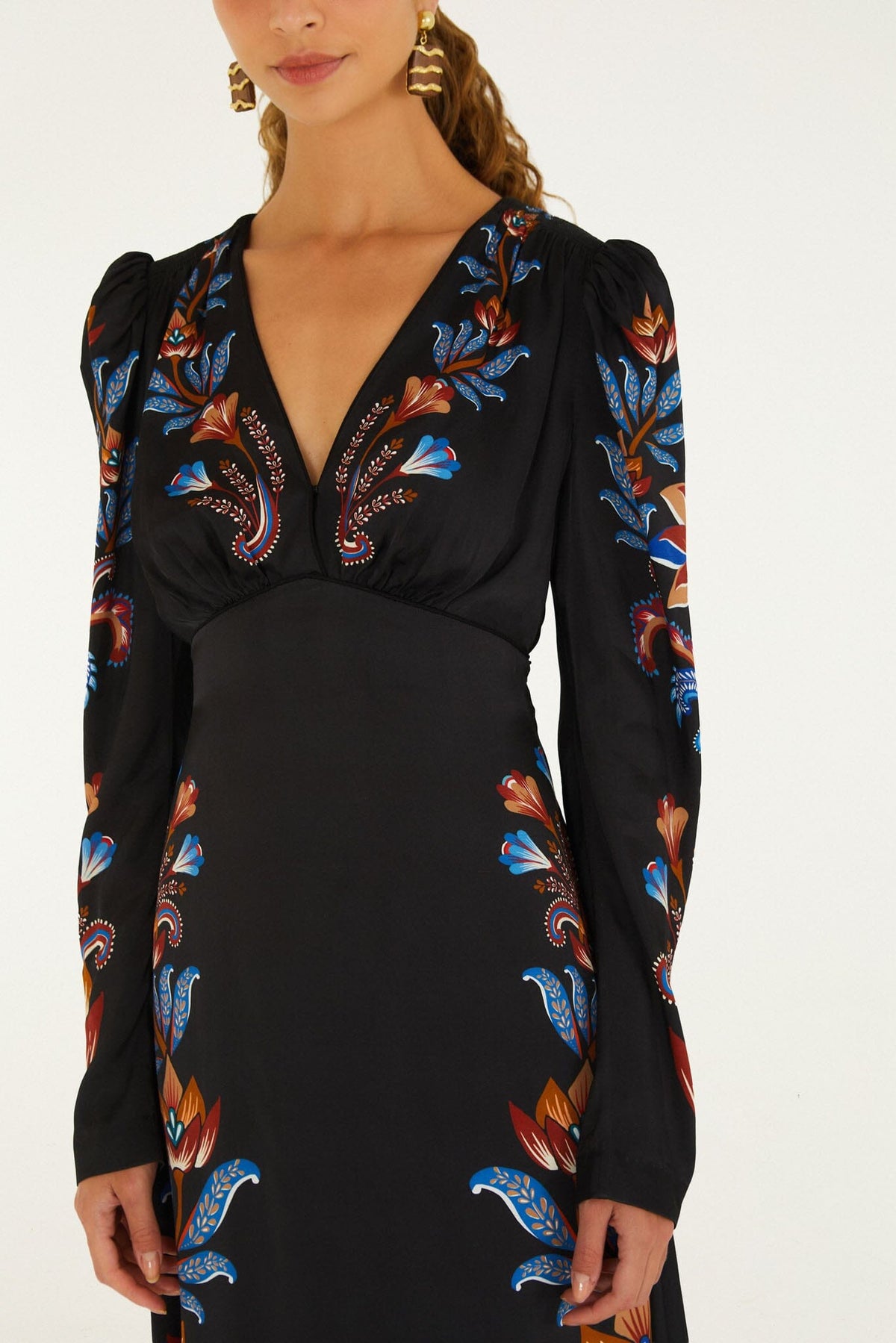 FARM Rio model wearing the Energy Floral Puff Sleeve Midi Dress