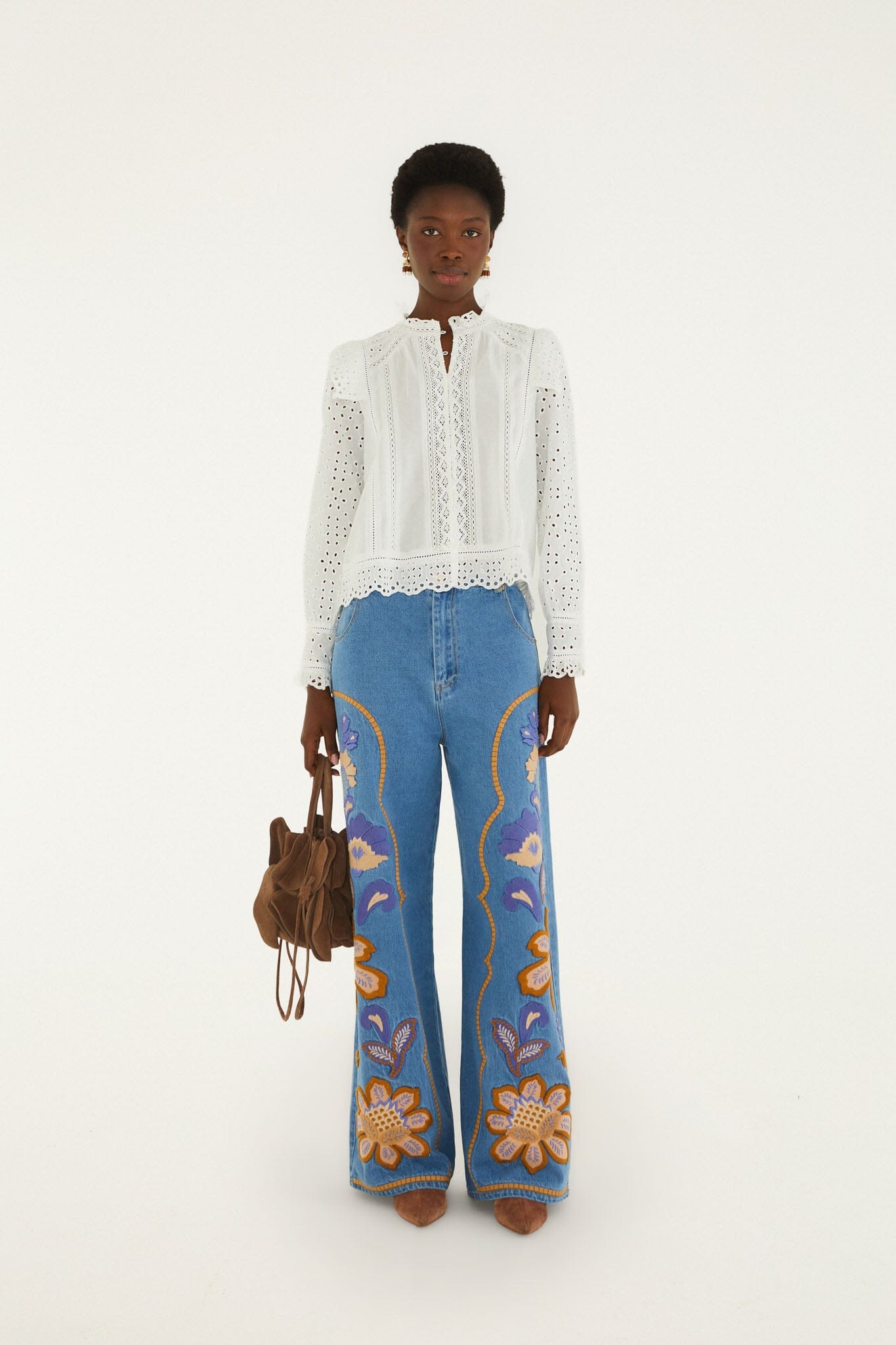 FARM Rio model wearing the Eyelet Long Sleeve Blouse