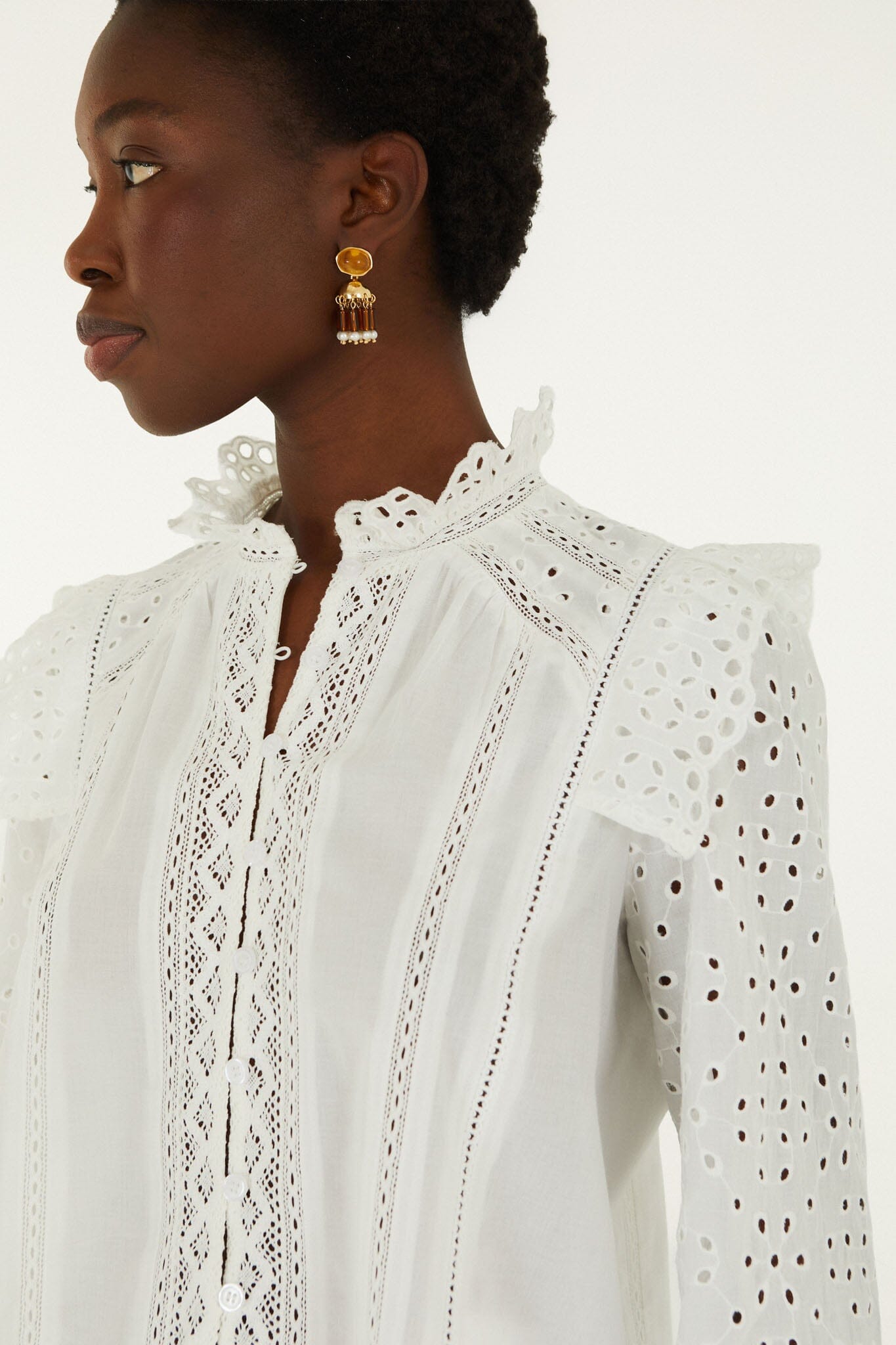 FARM Rio model wearing the Eyelet Long Sleeve Blouse