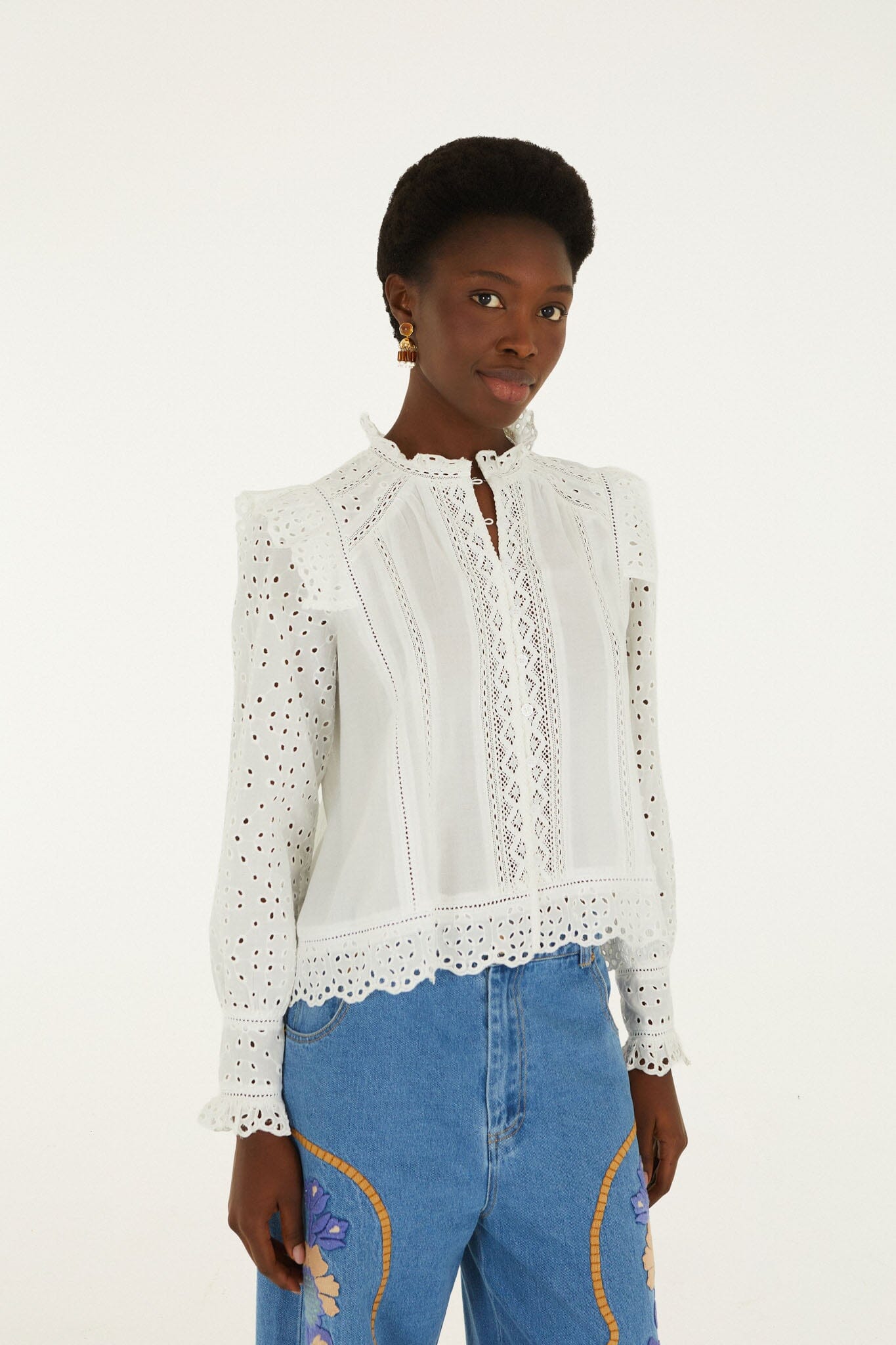 FARM Rio model wearing the Eyelet Long Sleeve Blouse