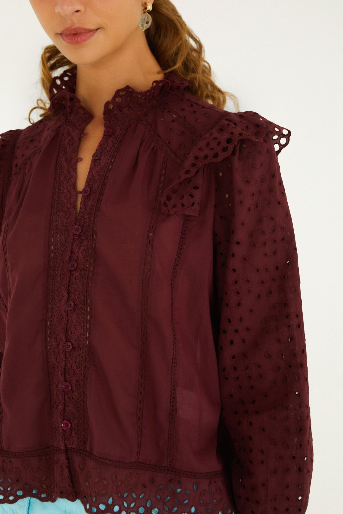 FARM Rio model wearing the Eyelet Long Sleeve Ruffled Blouse