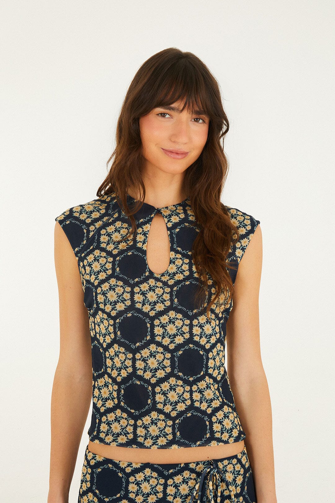 FARM Rio model wearing the Farm Club Tulle Blouse