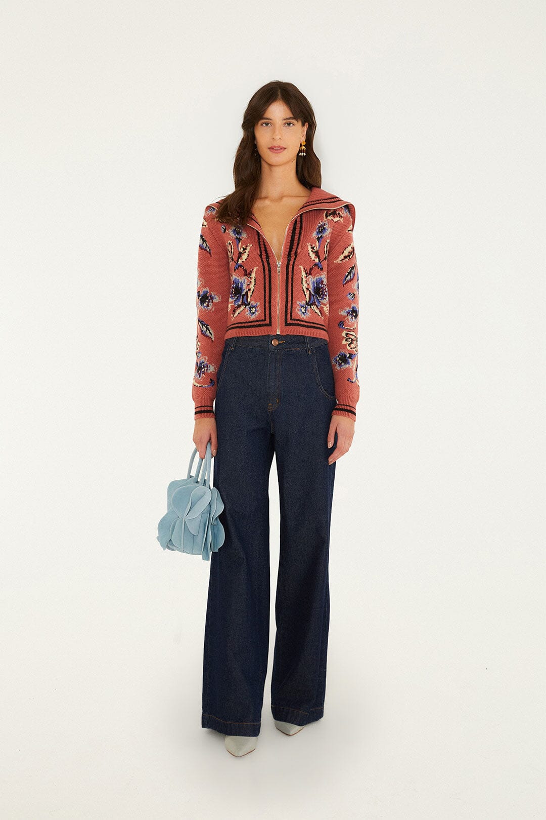 FARM Rio model wearing the Floral Beauty Tapestry Blush Pink Knit Cardigan