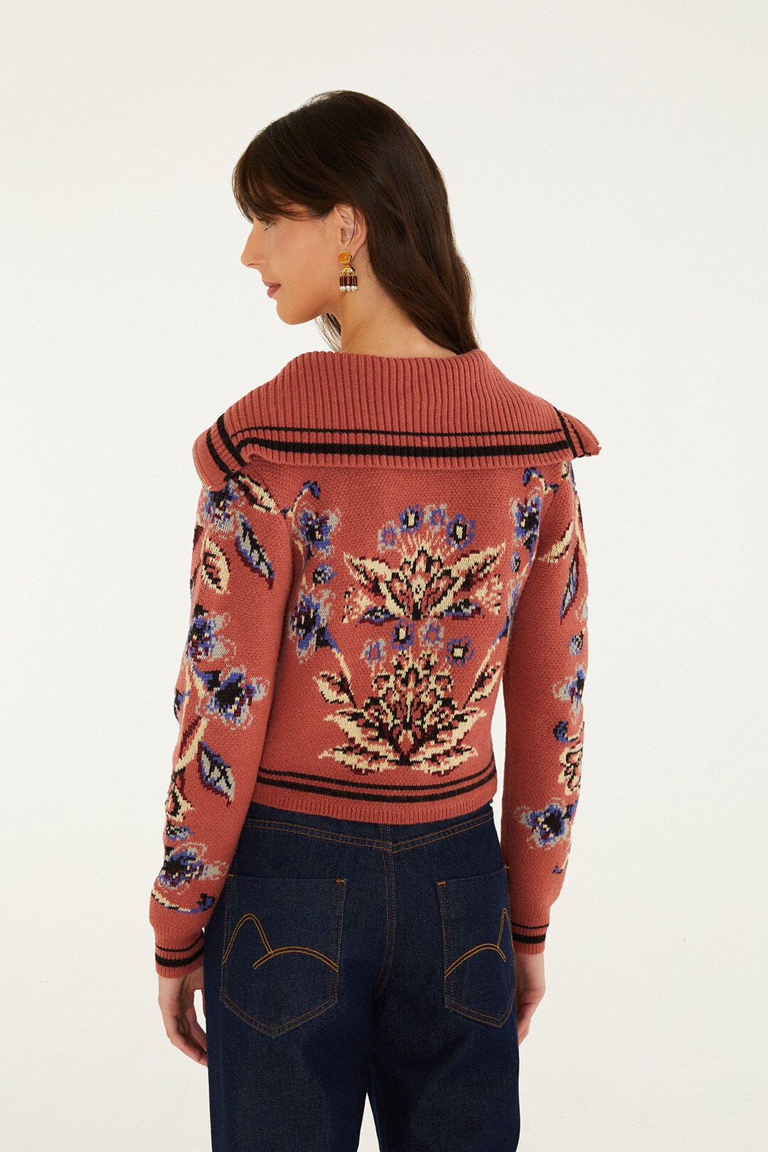 FARM Rio model wearing the Floral Beauty Tapestry Blush Pink Knit Cardigan
