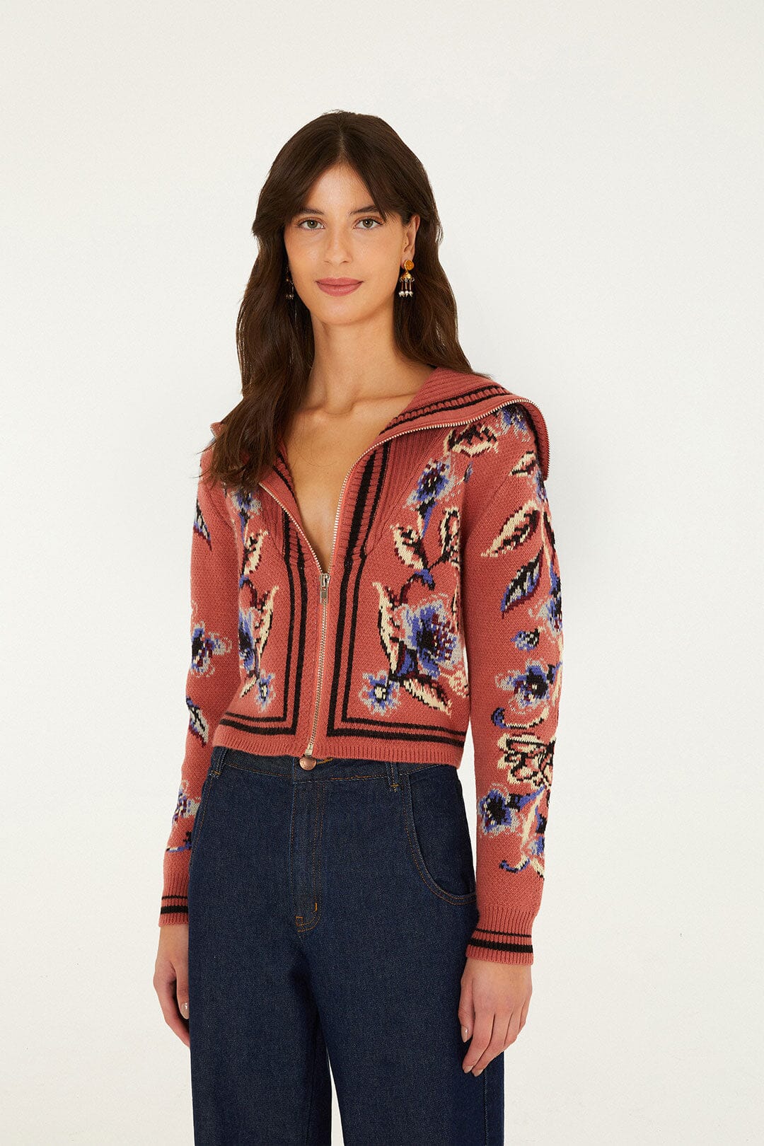 FARM Rio model wearing the Floral Beauty Tapestry Blush Pink Knit Cardigan