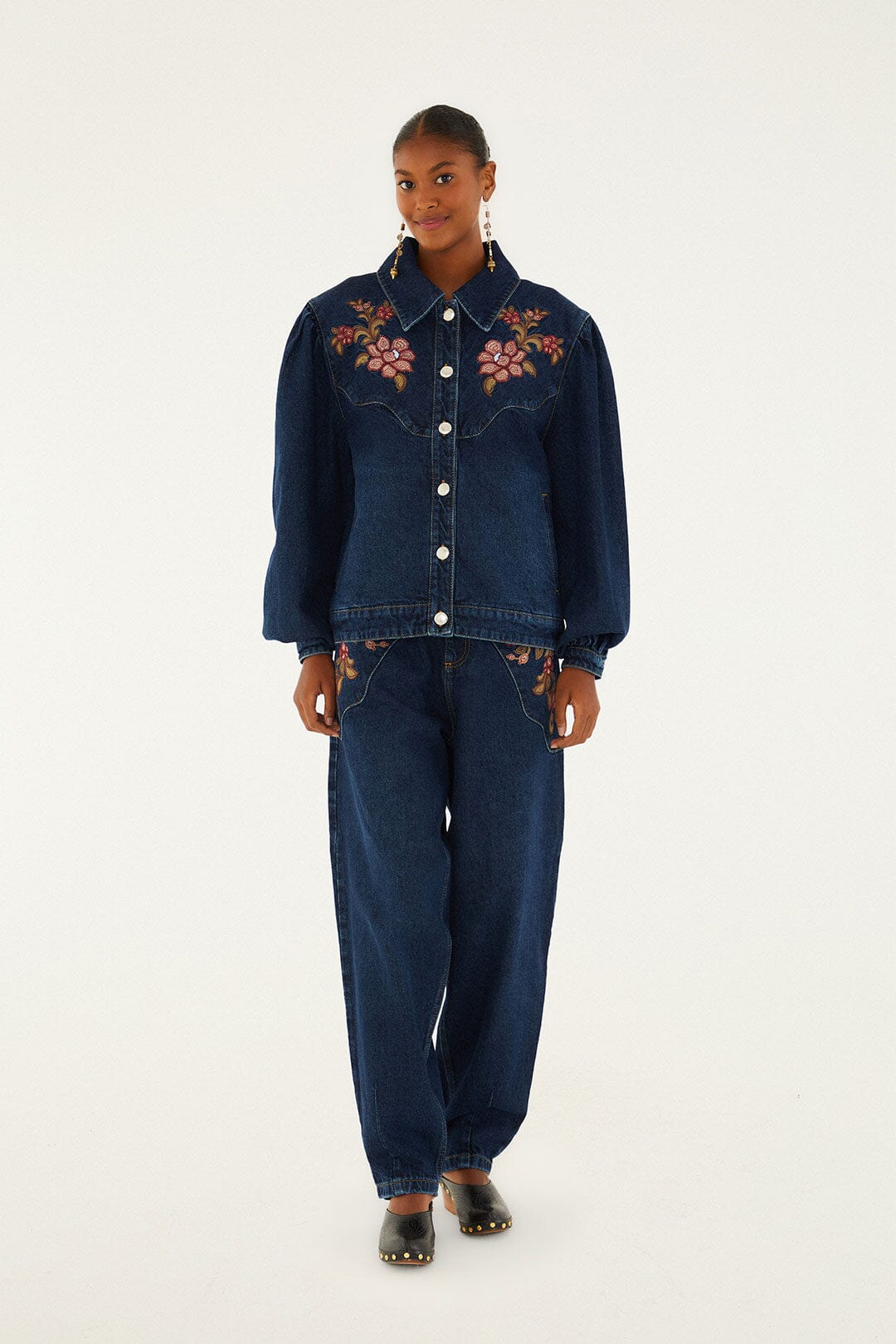 FARM Rio model wearing the Floral Embroidery Denim Pants