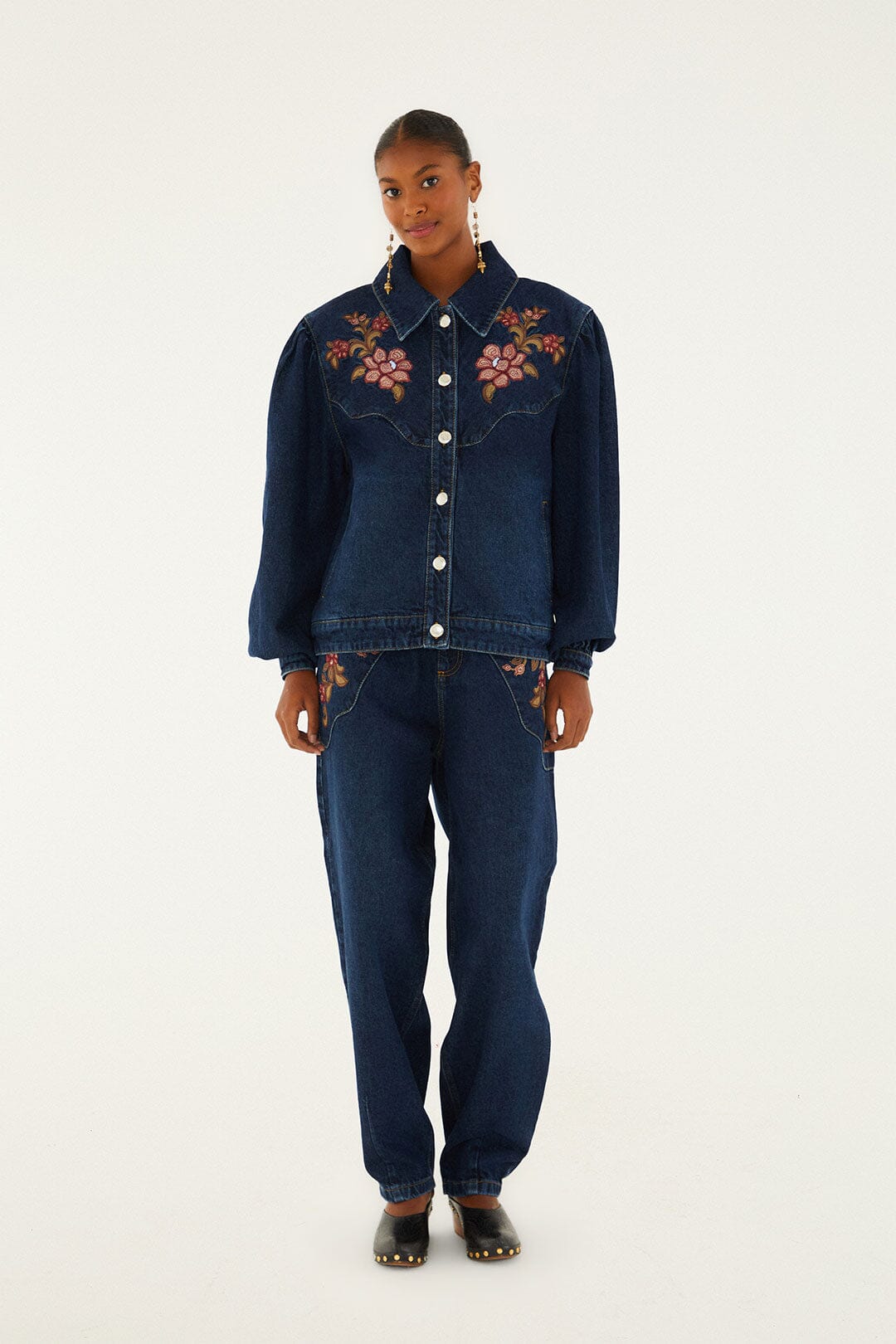 FARM Rio model wearing the Flower Embroidery Denim Jacket