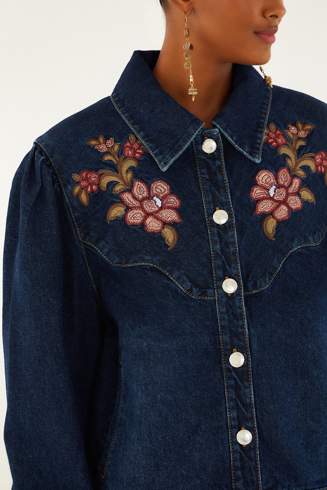 FARM Rio model wearing the Flower Embroidery Denim Jacket