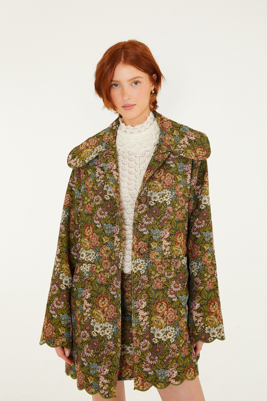 FARM Rio model wearing the Flower Jacquard Lapel Trench Coat