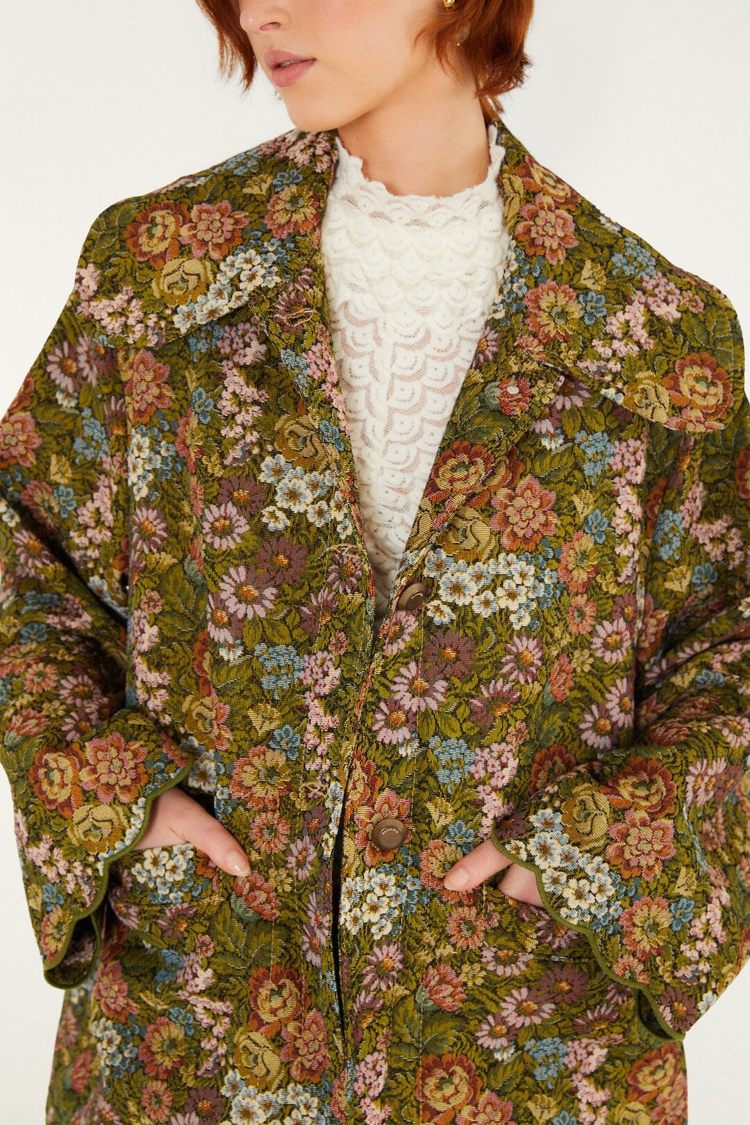 FARM Rio model wearing the Flower Jacquard Lapel Trench Coat