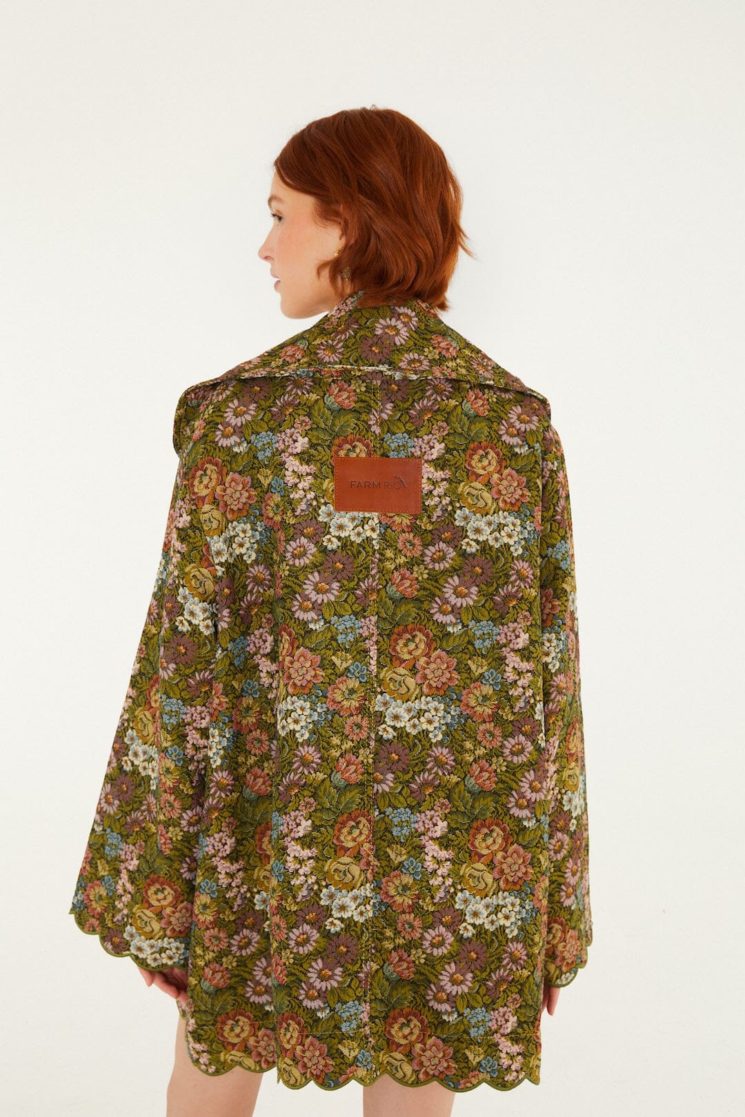 FARM Rio model wearing the Flower Jacquard Lapel Trench Coat