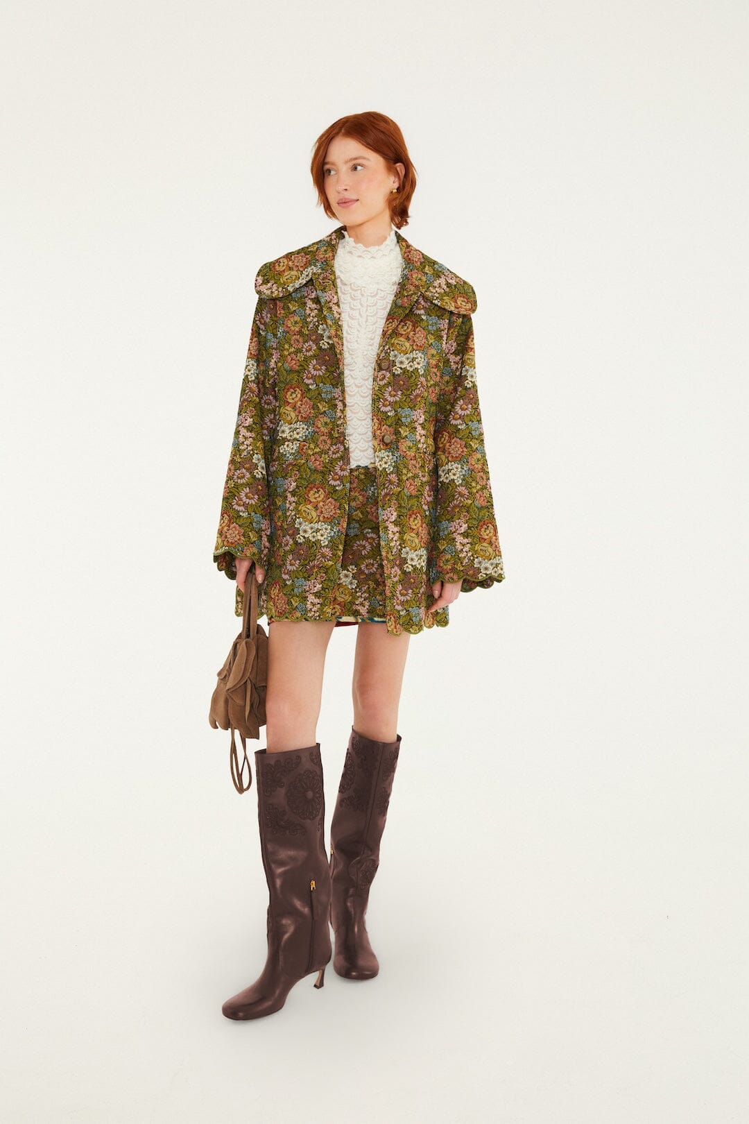 FARM Rio model wearing the Flower Jacquard Lapel Trench Coat
