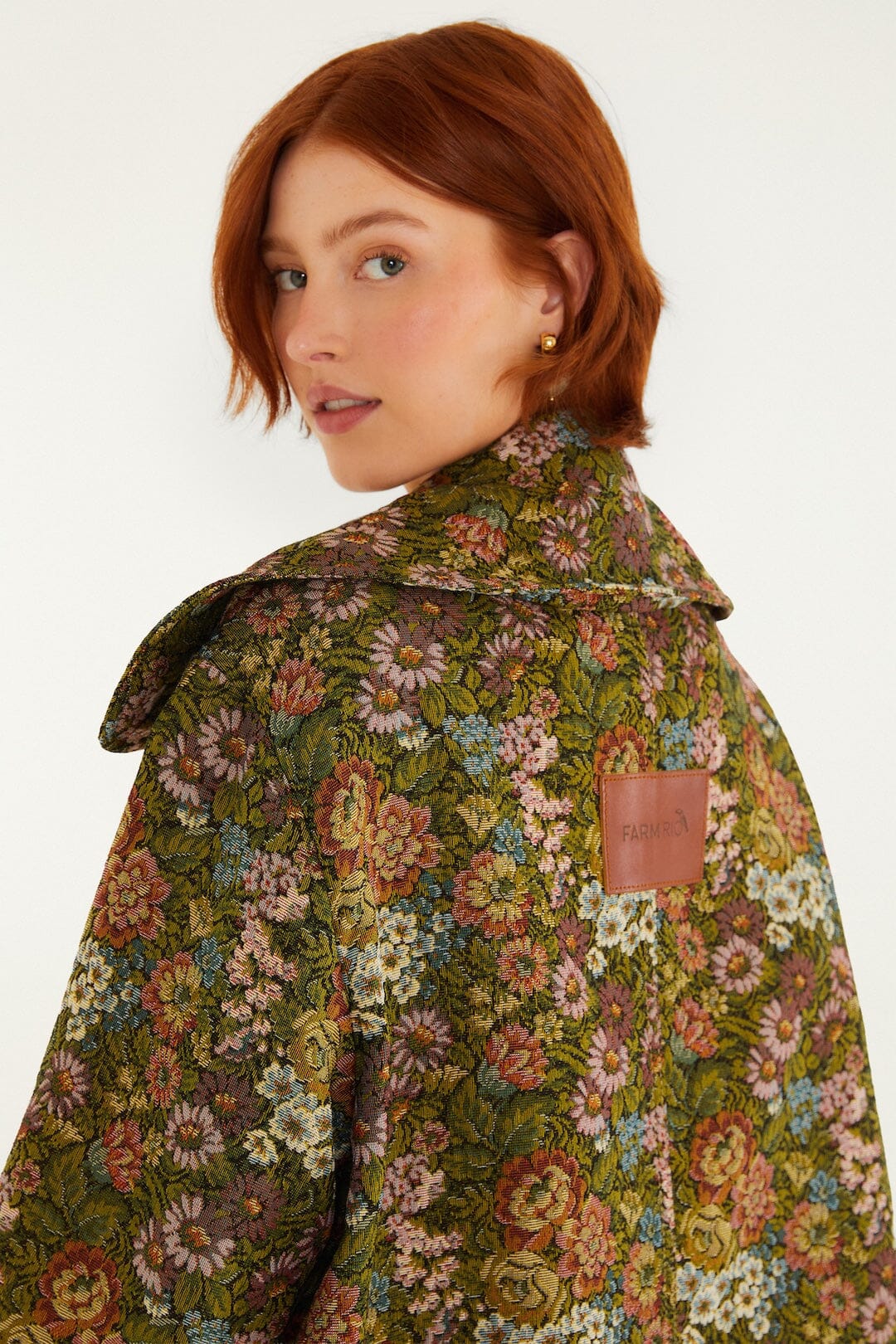 FARM Rio model wearing the Flower Jacquard Lapel Trench Coat