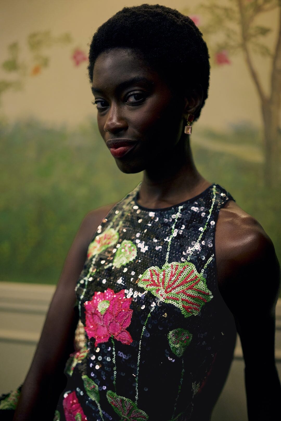 FARM Rio model wearing the Flower Sequins Sleeveless Midi Dress