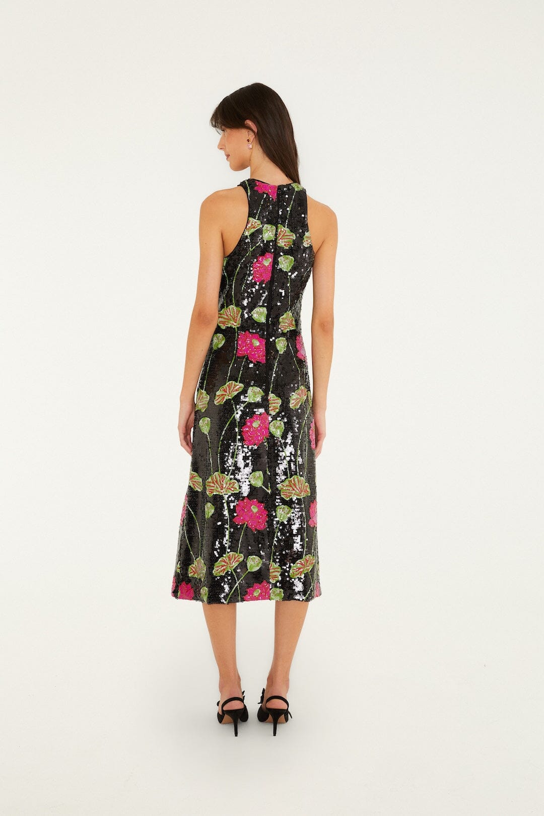 FARM Rio model wearing the Flower Sequins Sleeveless Midi Dress