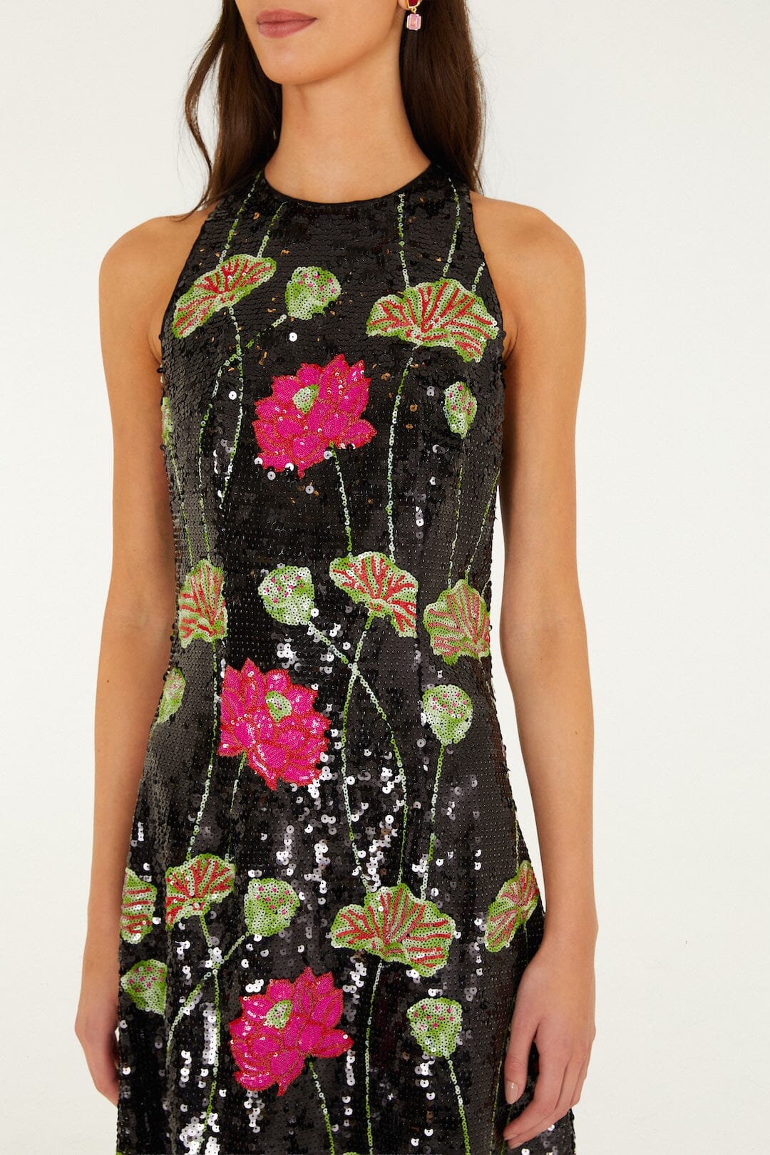 FARM Rio model wearing the Flower Sequins Sleeveless Midi Dress