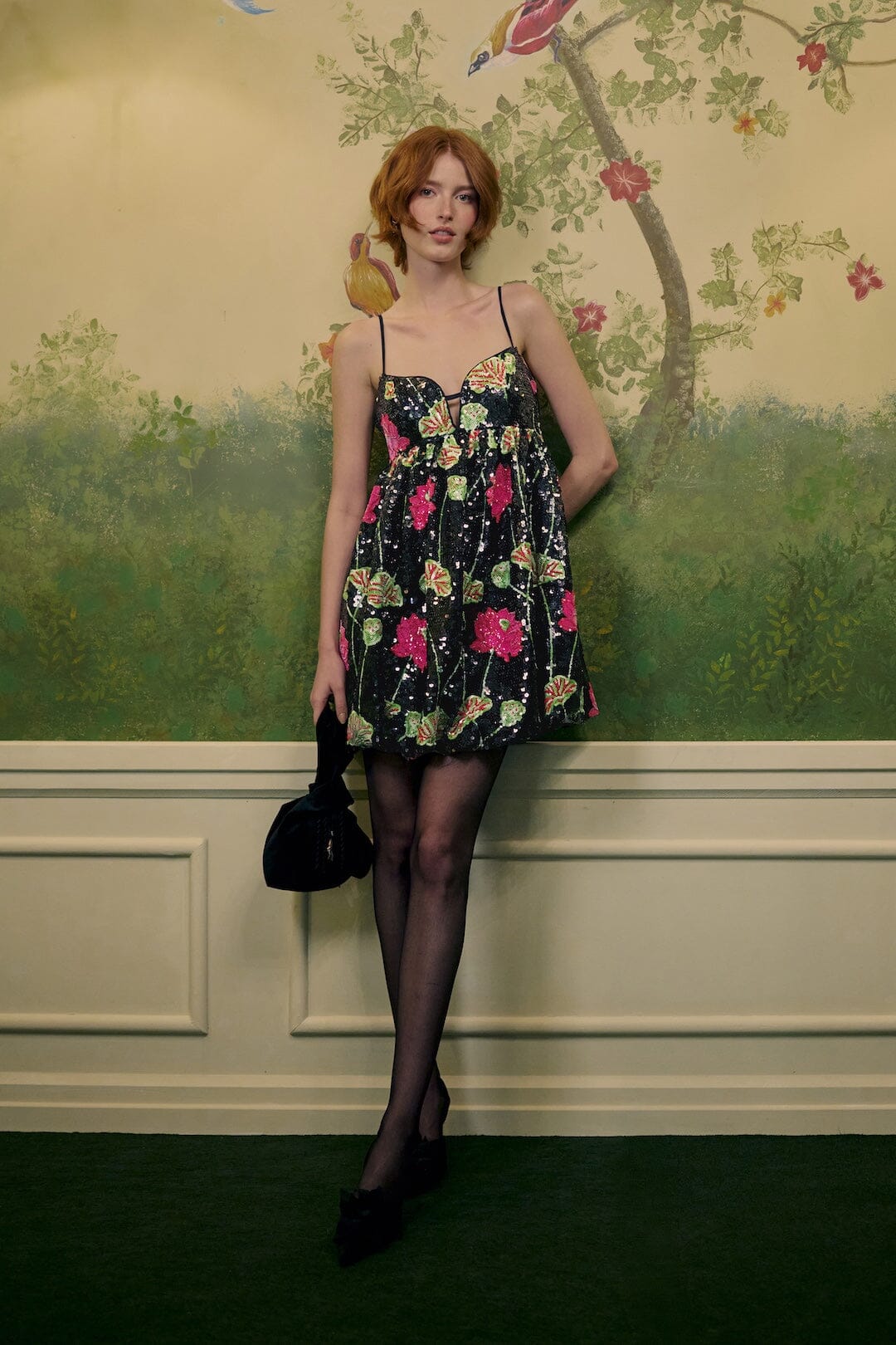 FARM Rio model wearing the Flower Sequins Sleeveless Mini Dress