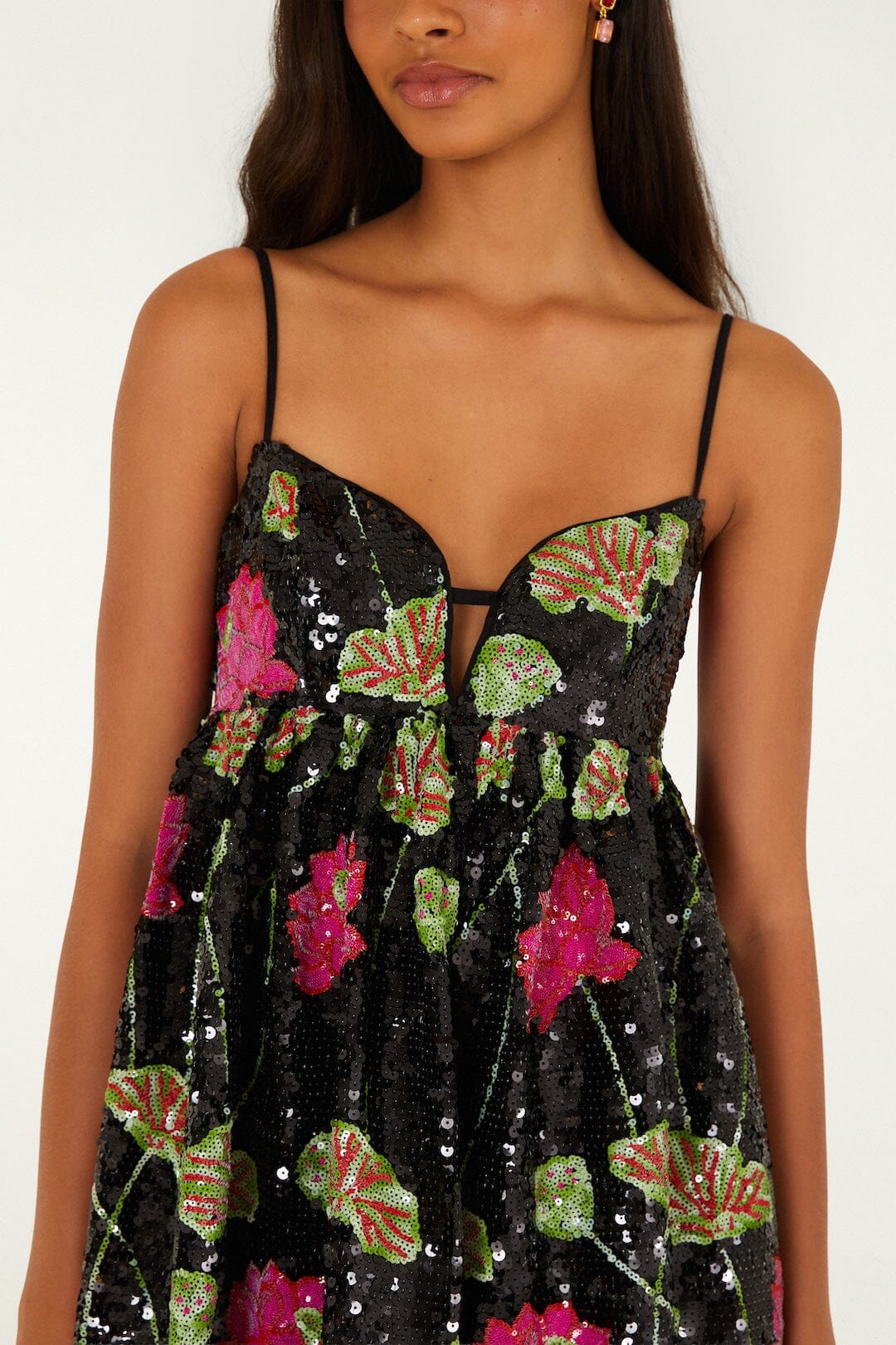 FARM Rio model wearing the Flower Sequins Sleeveless Mini Dress