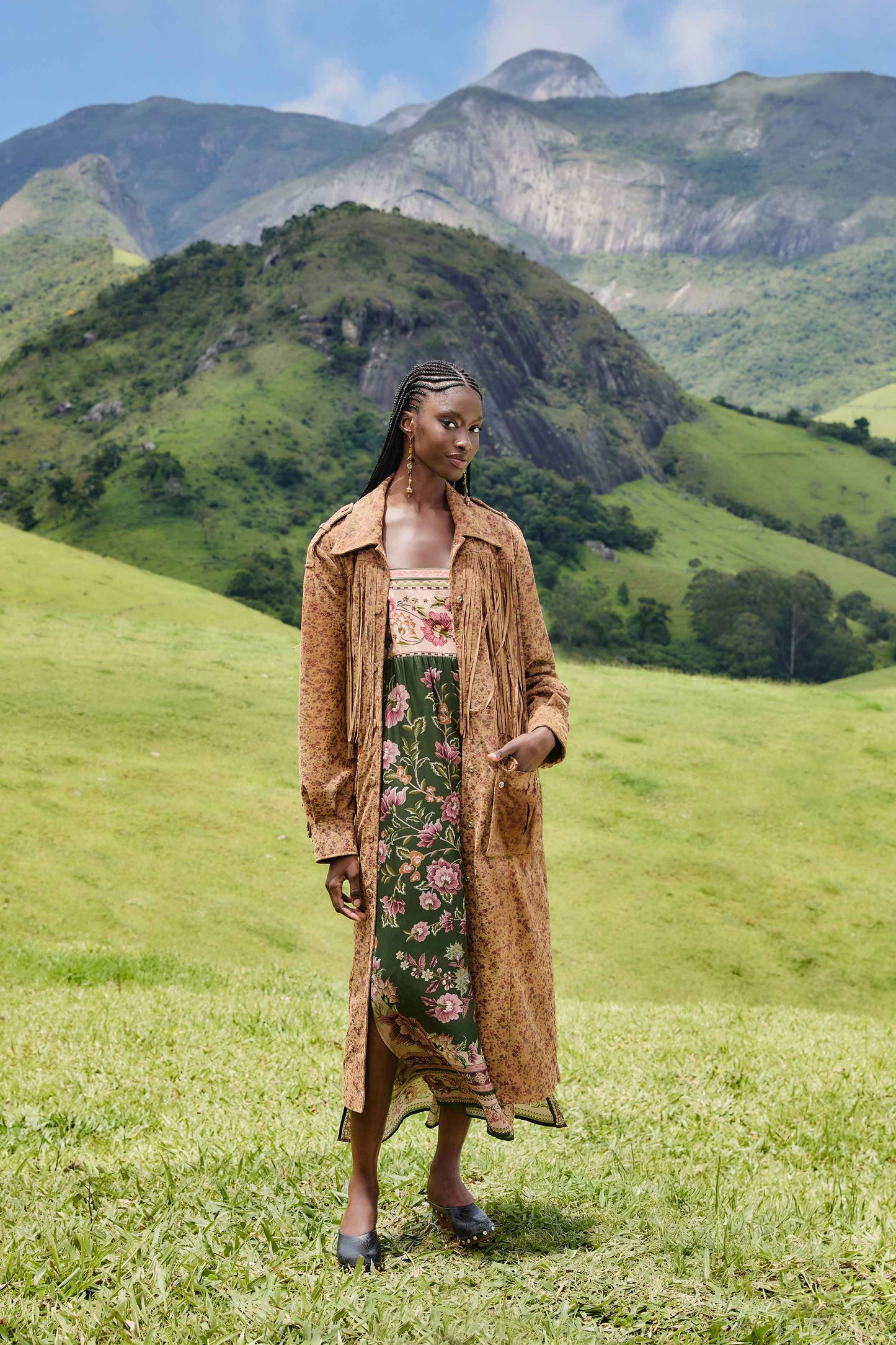 FARM Rio model wearing the Flowering Garden Tree Green Sleveeless Midi Dress