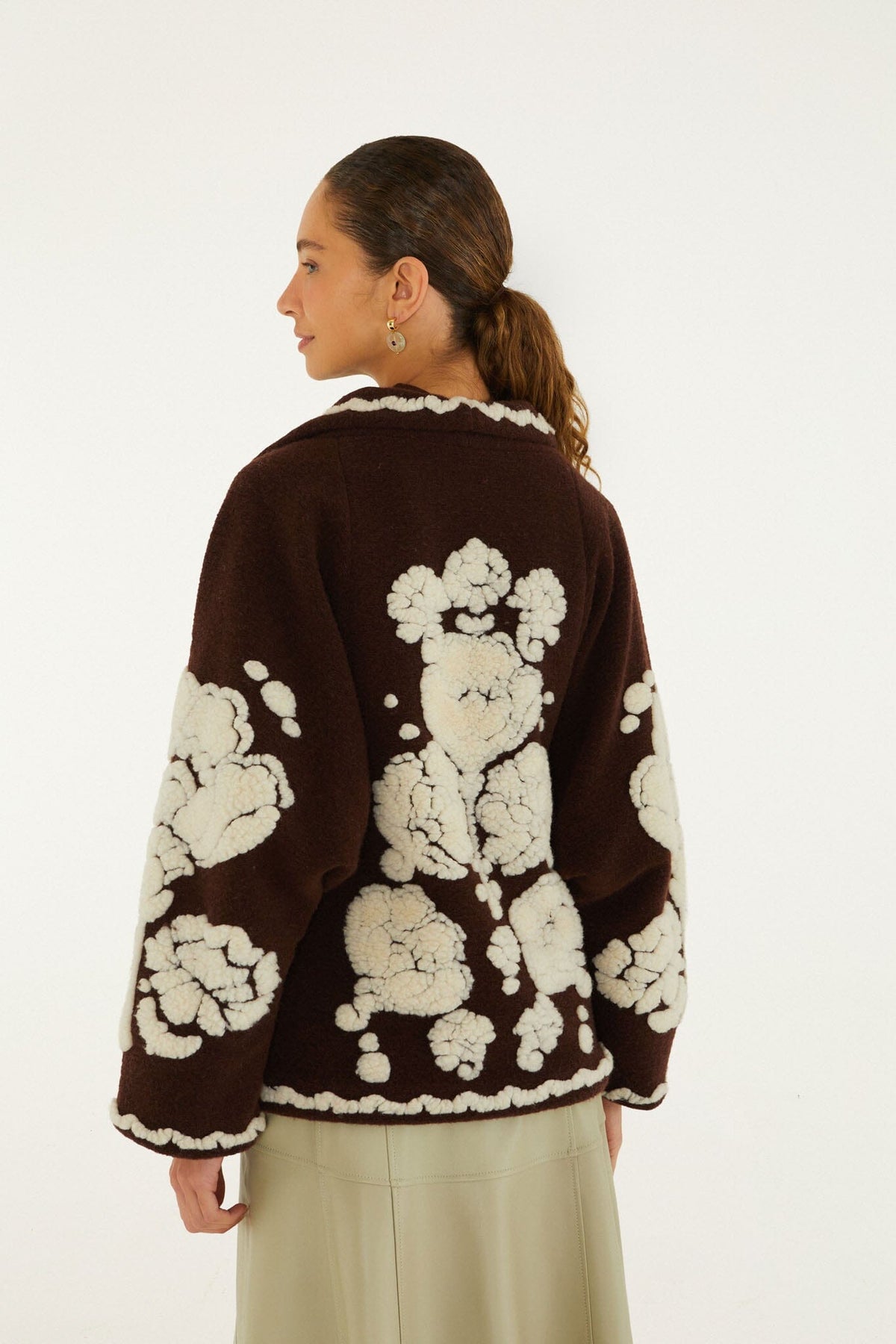 FARM Rio model wearing the Flowers Pockets Crop Fleece Coat