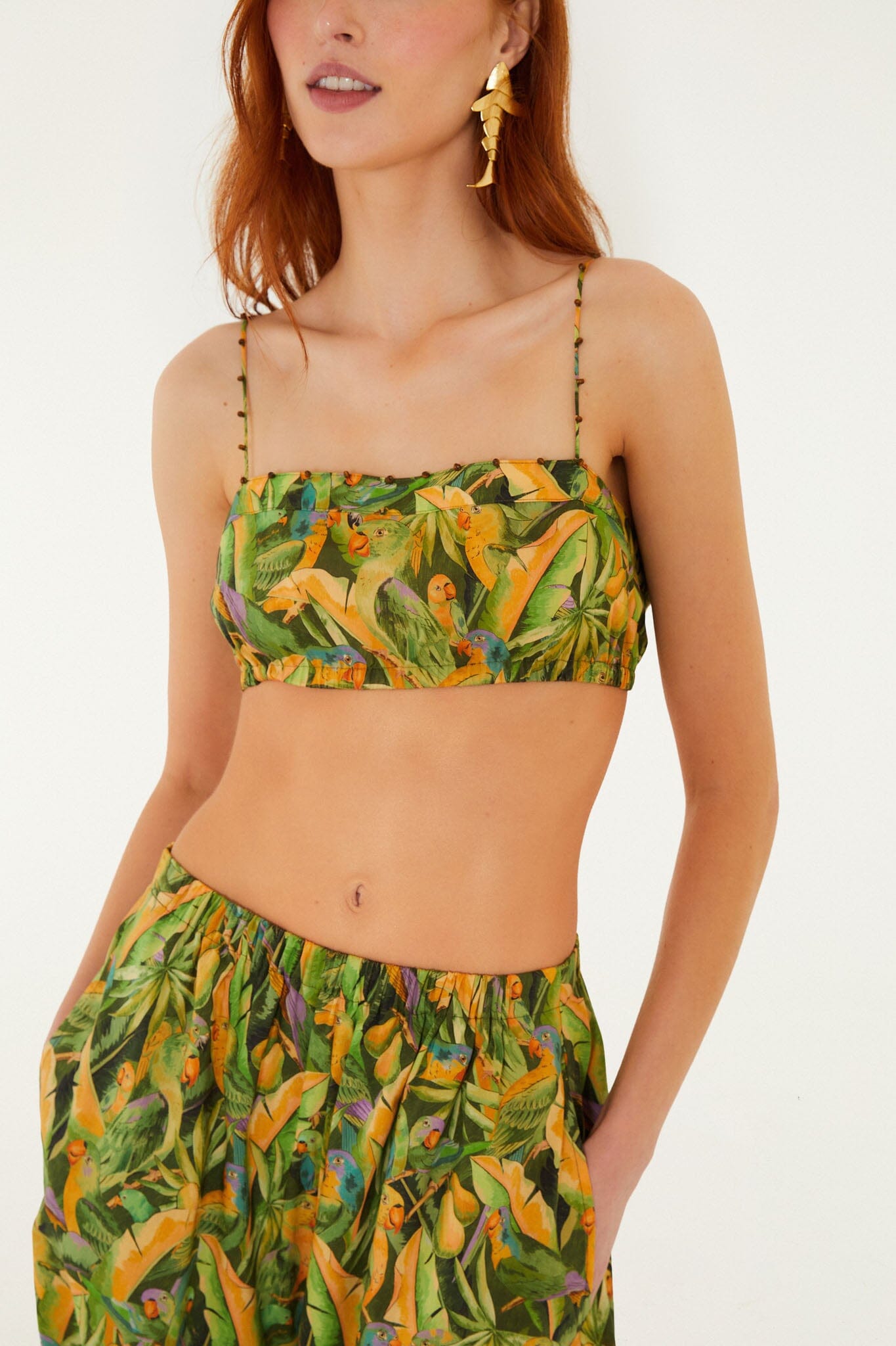 FARM Rio model wearing the Forest Green Parrots Balloon Top
