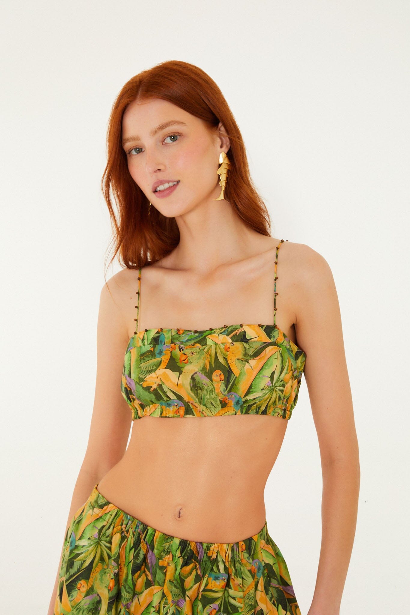 FARM Rio model wearing the Forest Green Parrots Balloon Top