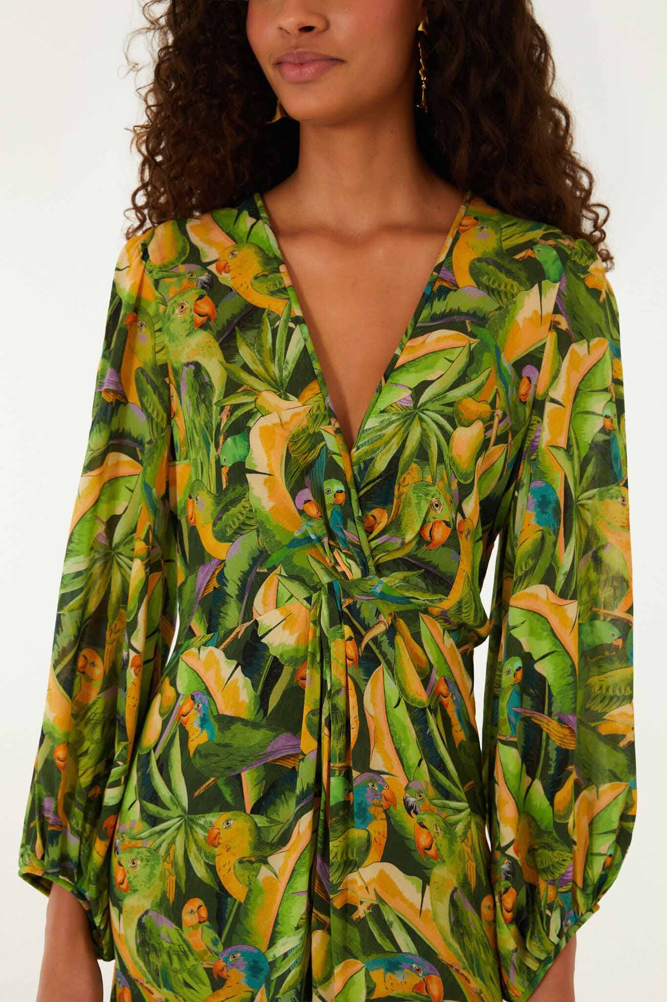 FARM Rio model wearing the Forest Green Parrots Long Sleeve Dress